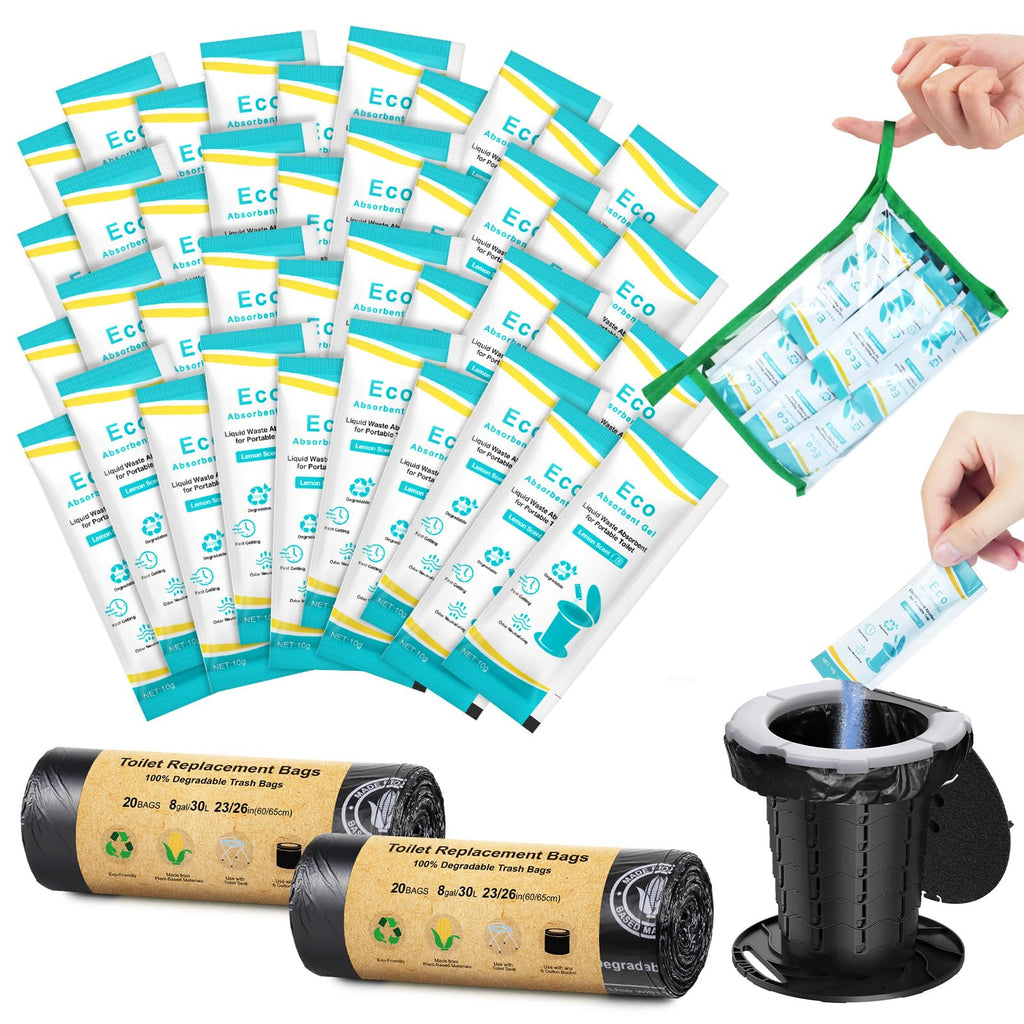 Blika 40 Count Camping Toilet Bags Eco Absorbent Gel Set, Portable Toilet Bags With Gel, 8 Gallon, 30 Liter, Heavy Duty 1 Mil, T