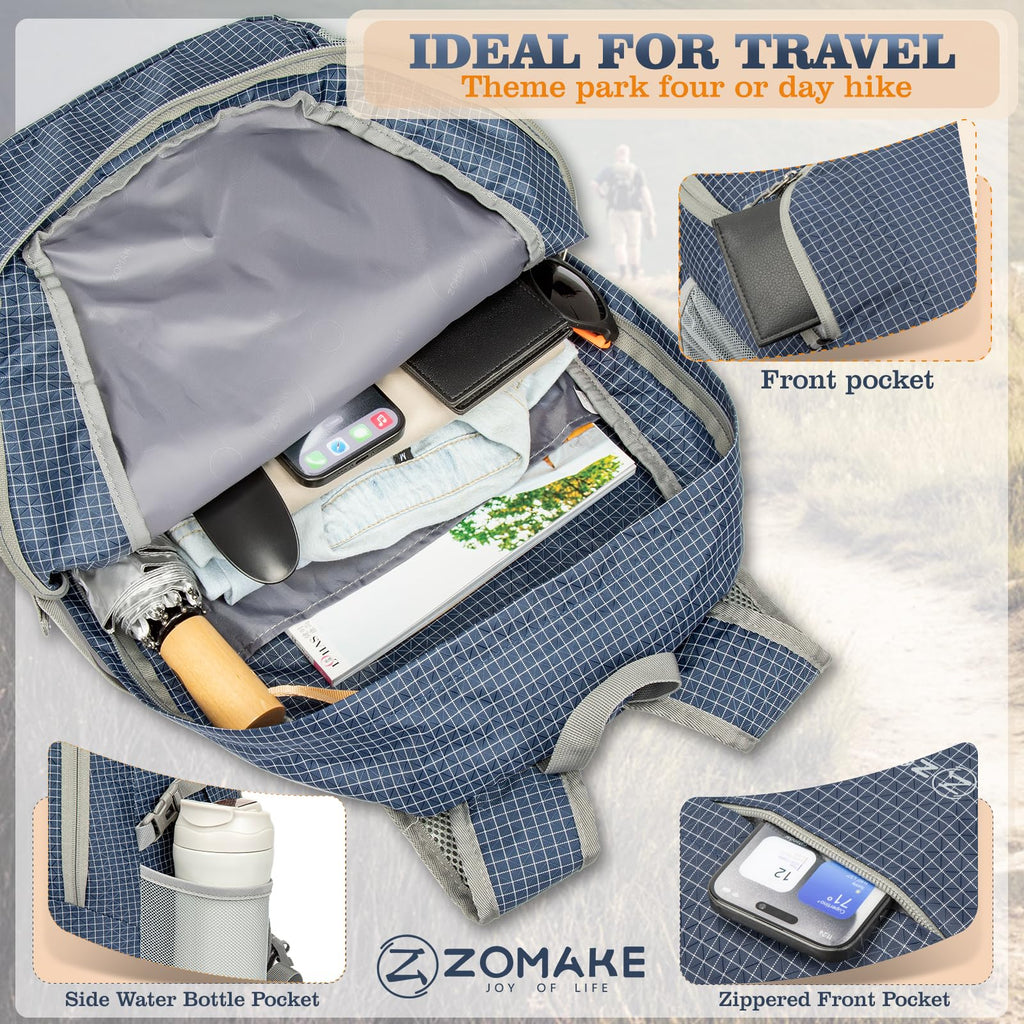 ZOMAKE Lightweight Packable Backpack 30L, Foldable Hiking Backpacks Water Resistant Compact Folding Daypack for Travel(Plaid Roy