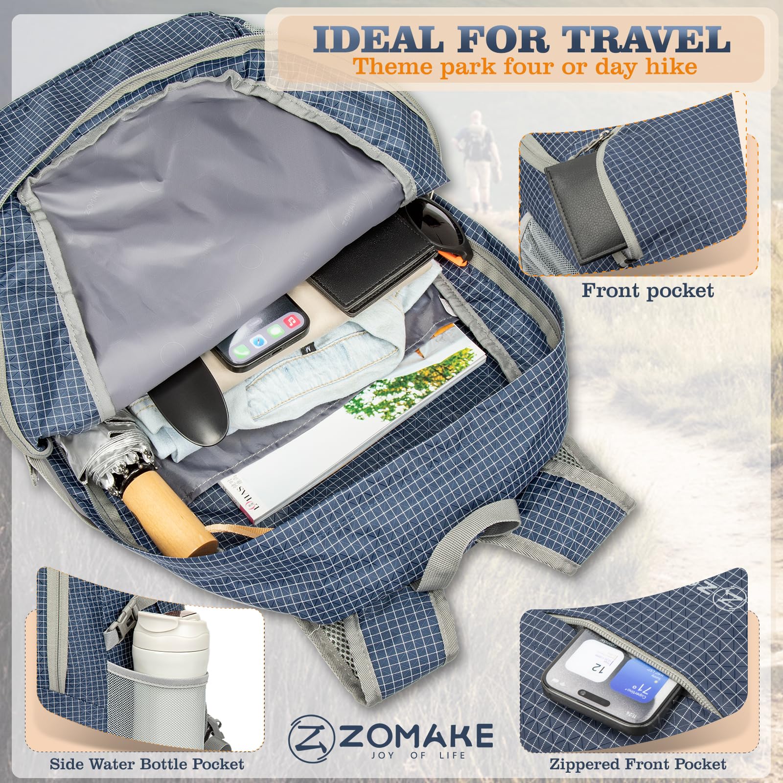 ZOMAKE Lightweight Packable Backpack 30L, Foldable Hiking Backpacks Water Resistant Compact Folding Daypack for Travel(Plaid Roy