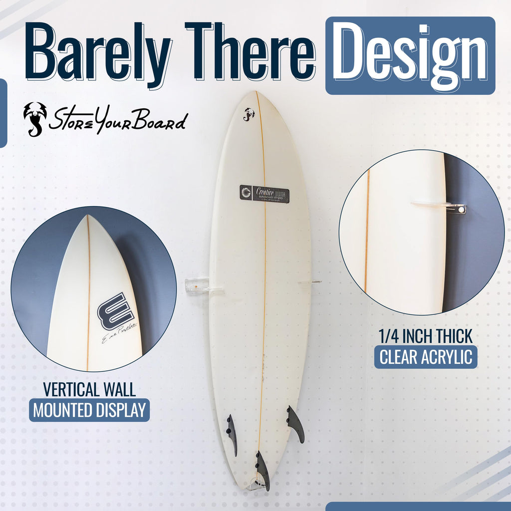 Storeyourboard Floating Surfboard Wall Mount, Clear Acrylic Surf Board Display, Indoor Surfboard Wall Decor, Vertical Surfboard