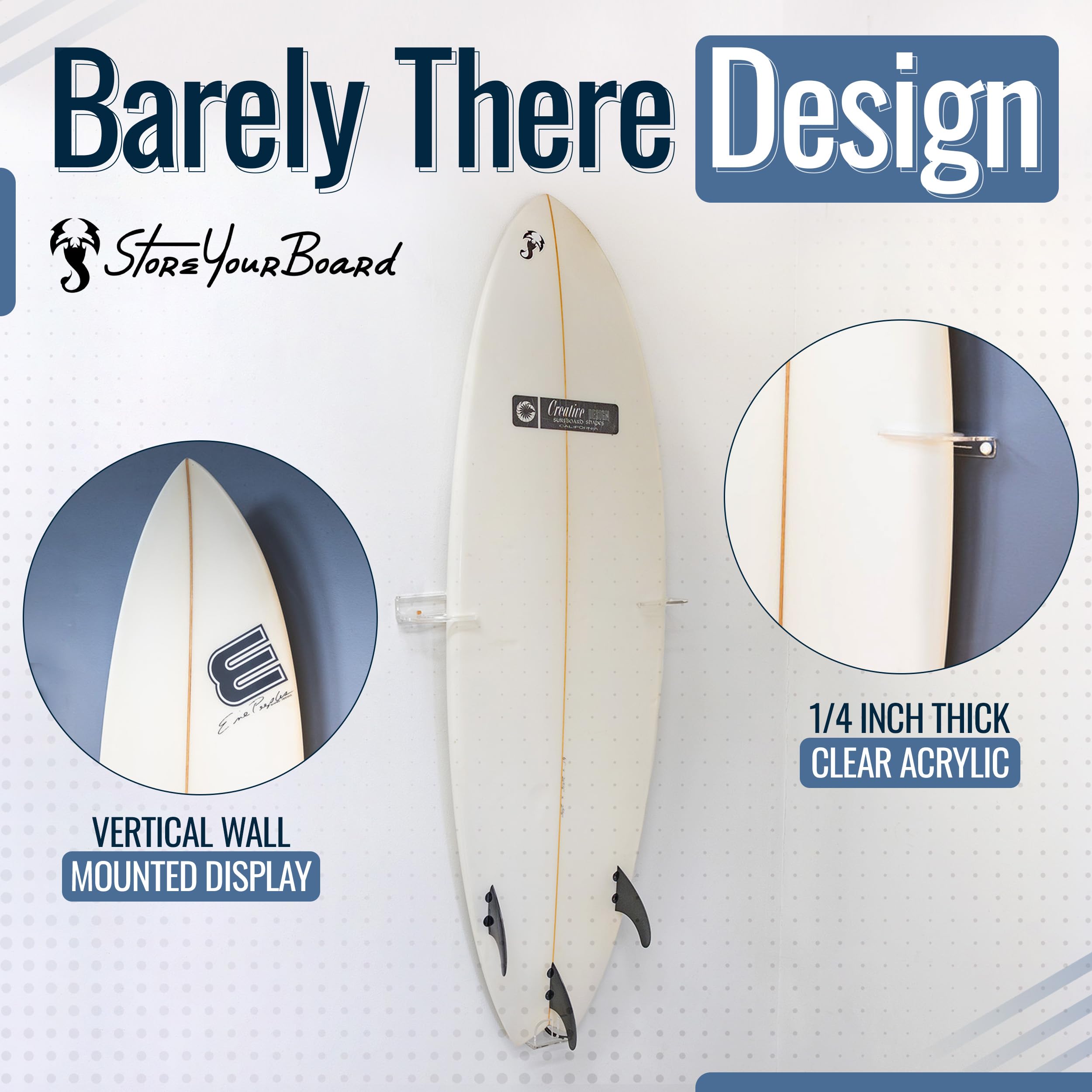 Storeyourboard Floating Surfboard Wall Mount, Clear Acrylic Surf Board Display, Indoor Surfboard Wall Decor, Vertical Surfboard