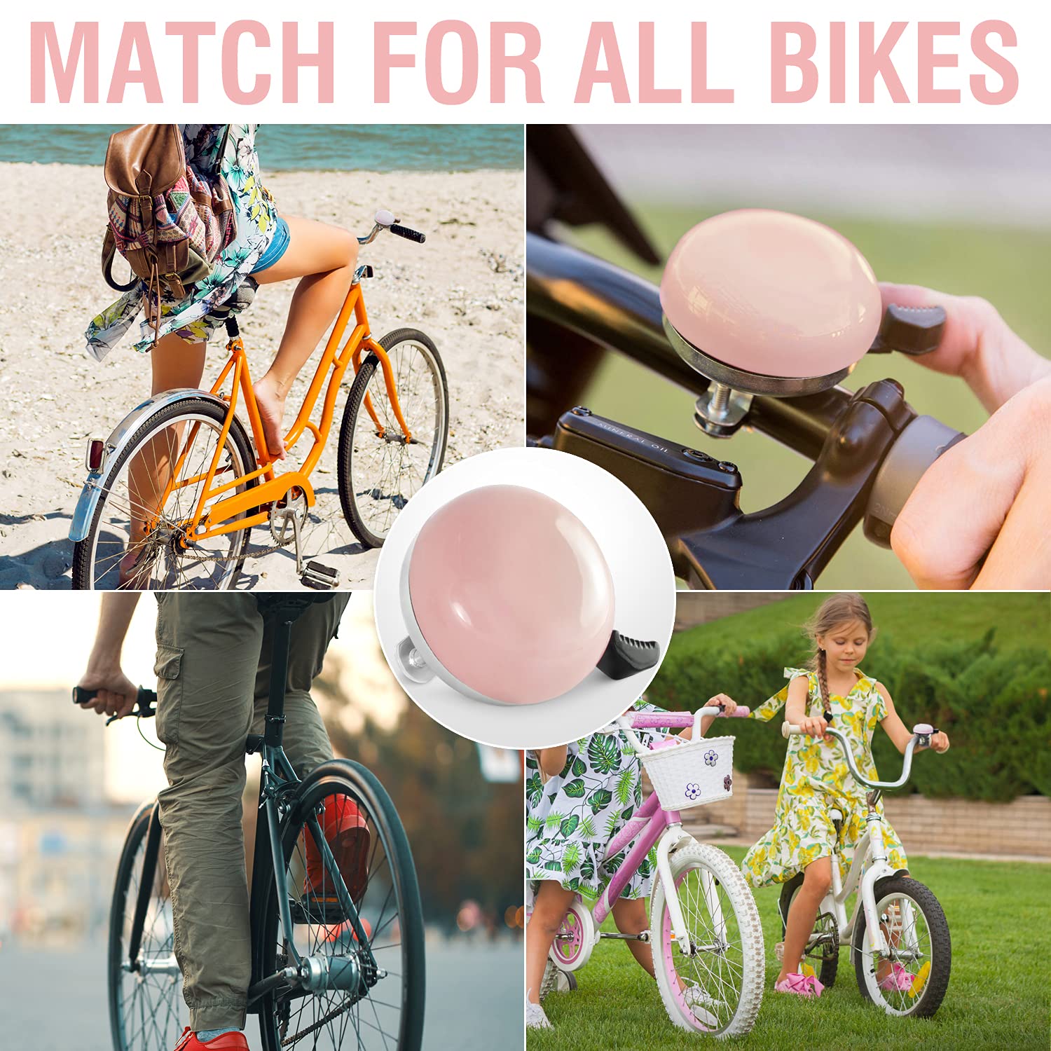 Marque Beach Cruiser Bike Bell - Classic Bicycle Bell Design For Adults And Kids With Traditional Ring Sound (Pink)