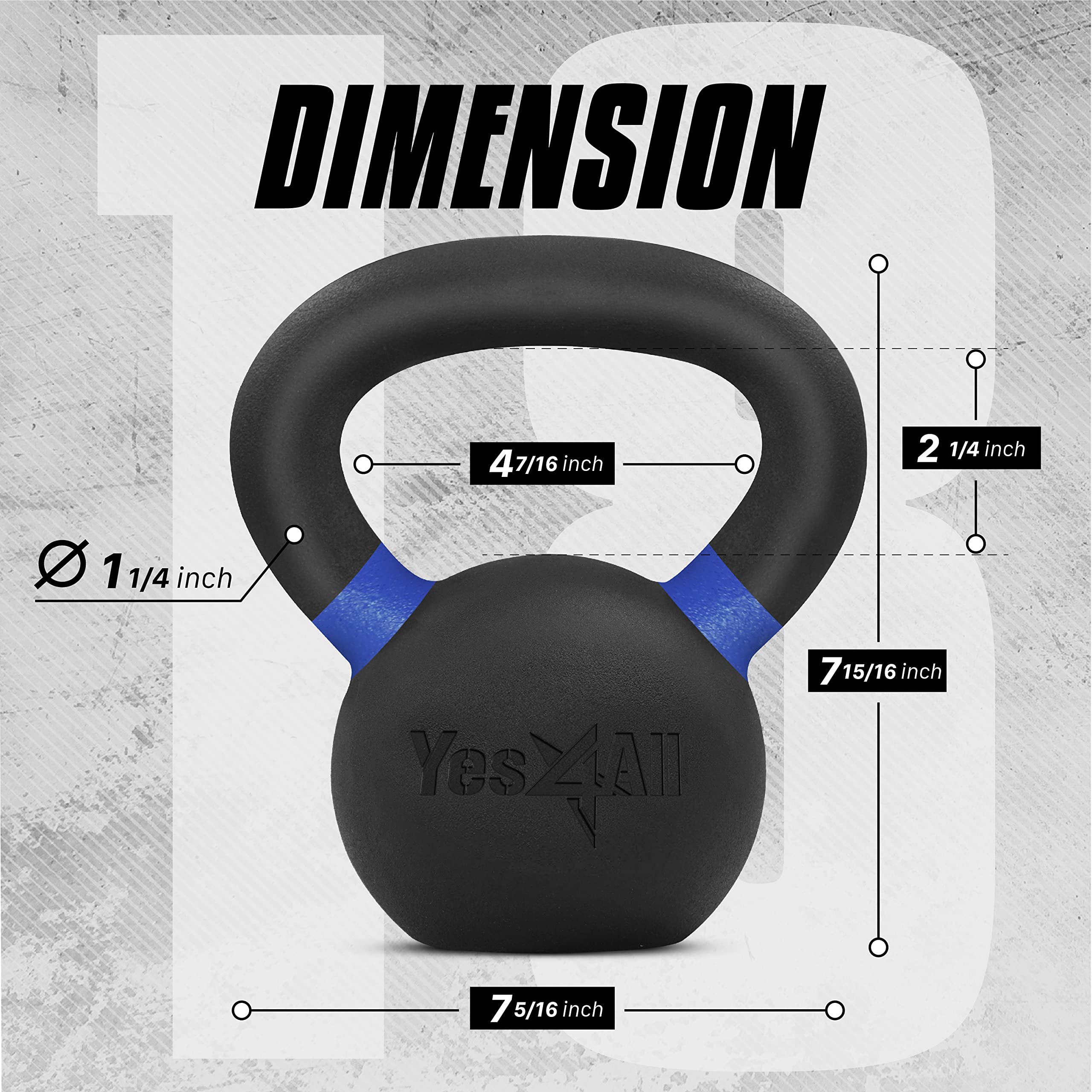 Yes4All Powder Coated Cast Iron Competition Kettlebell With Wide Handles & Flat Bottoms - 8 Kg / 18 Lb