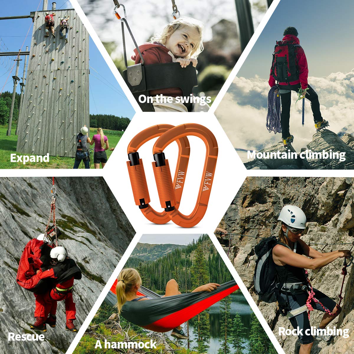 Fvw 5 Pieces Heavy Duty Climbing Carabiners, 25Kn Auto Locking Rock Climbing Carabiners Clips For Hammocks, Swing, Locking Dog L
