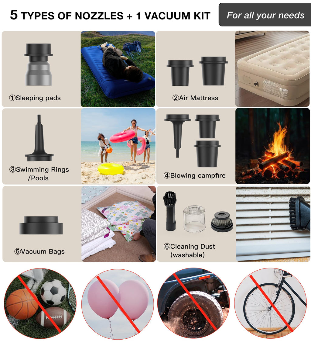 Origem Portable Air Pump, 5.2Kpa Mini Electric, Rechargeable Battery With Camping Light, Quick Inflate/Deflate For Pool Floats,