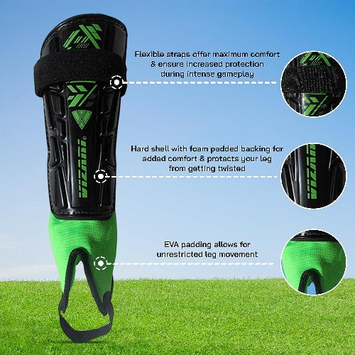 Malaga Soccer Shin Guard with Adjustable Straps-Black/N. Green - Vizari Sports