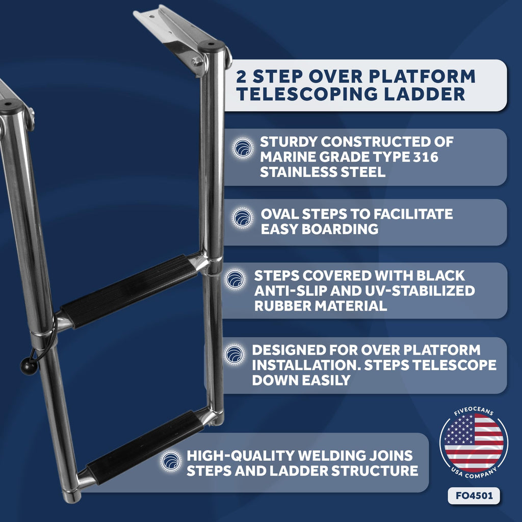 Five Oceans 2 Step Boat Ladder, Over Platform Telescoping Boat Ladders, Boat Swim Ladder, Boat Boarding Ladder, 316 Stainless St