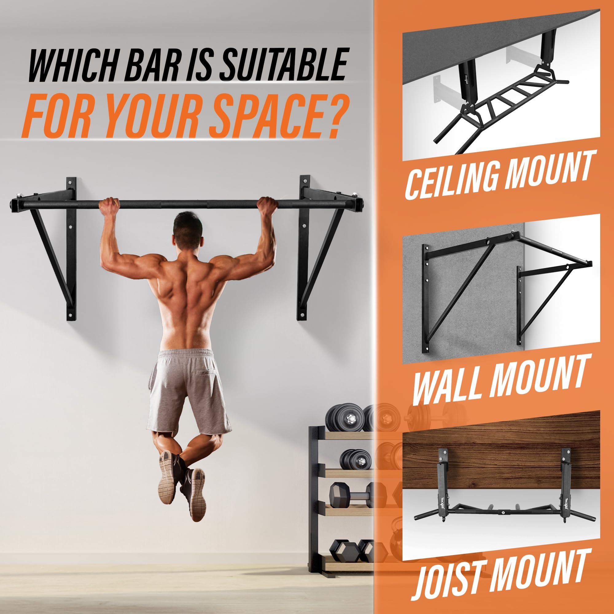 Yes4All Heavy Duty Wall Mounted Pull Up Bar - Chin Up Bar/Pull Up Bar Wall Mount,30 Lbs - Support Up To 500 Lbs (Black)