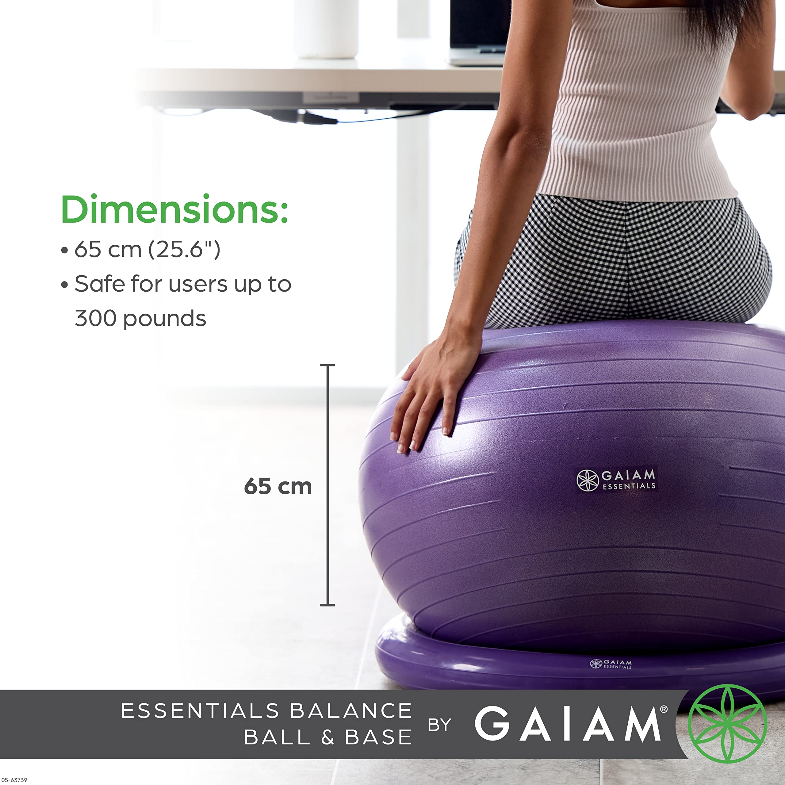 Gaiam Essentials Balance Ball & Base Kit, 65Cm Yoga Ball Chair, Exercise Ball With Inflatable Ring Base For Home Or Office Desk,