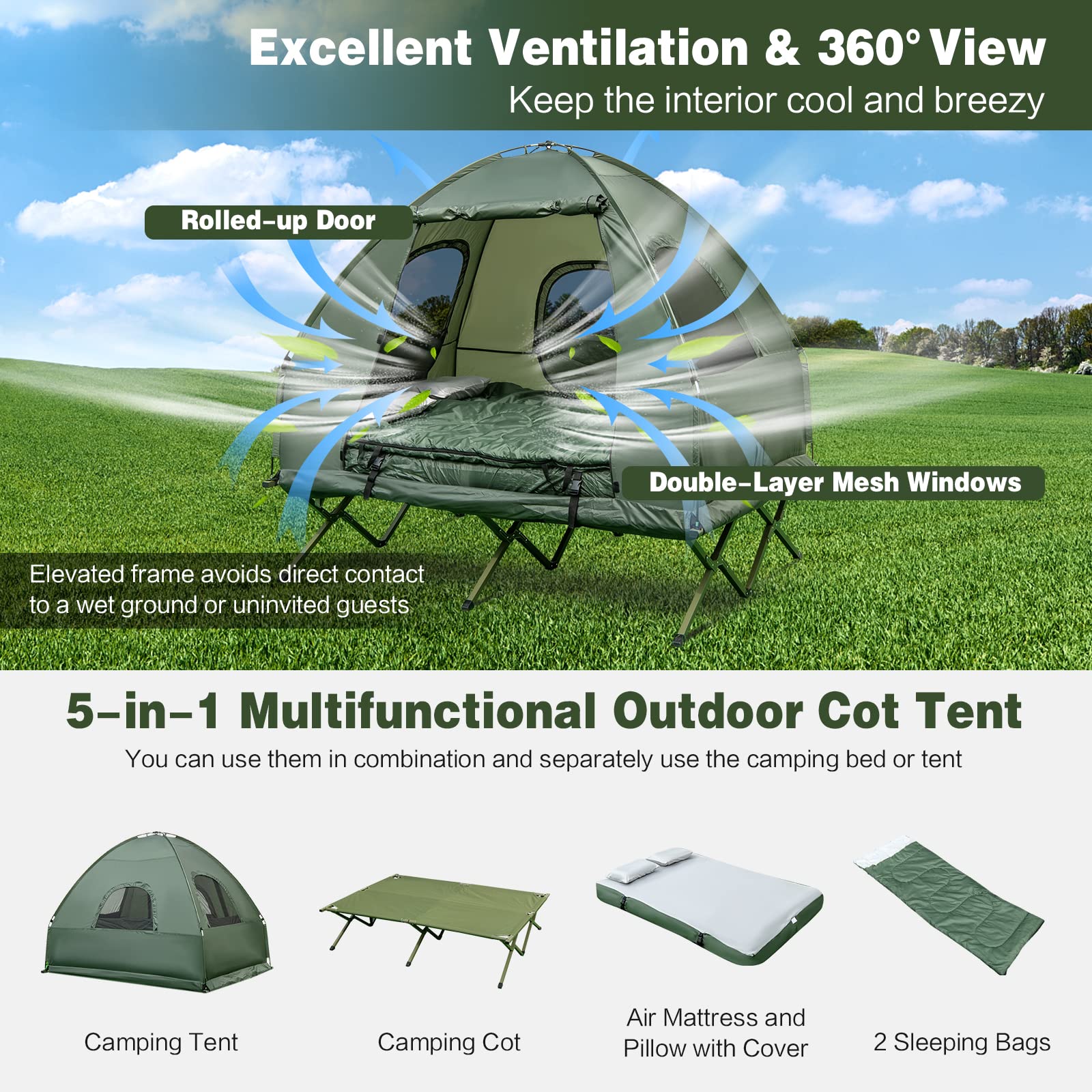 Dortala 2-Person Tent Cot, Foldable Camping Tent W/Air Mattress & Sleeping Bag, Elevated Camping Tent W/Waterproof & Uv-Resistan