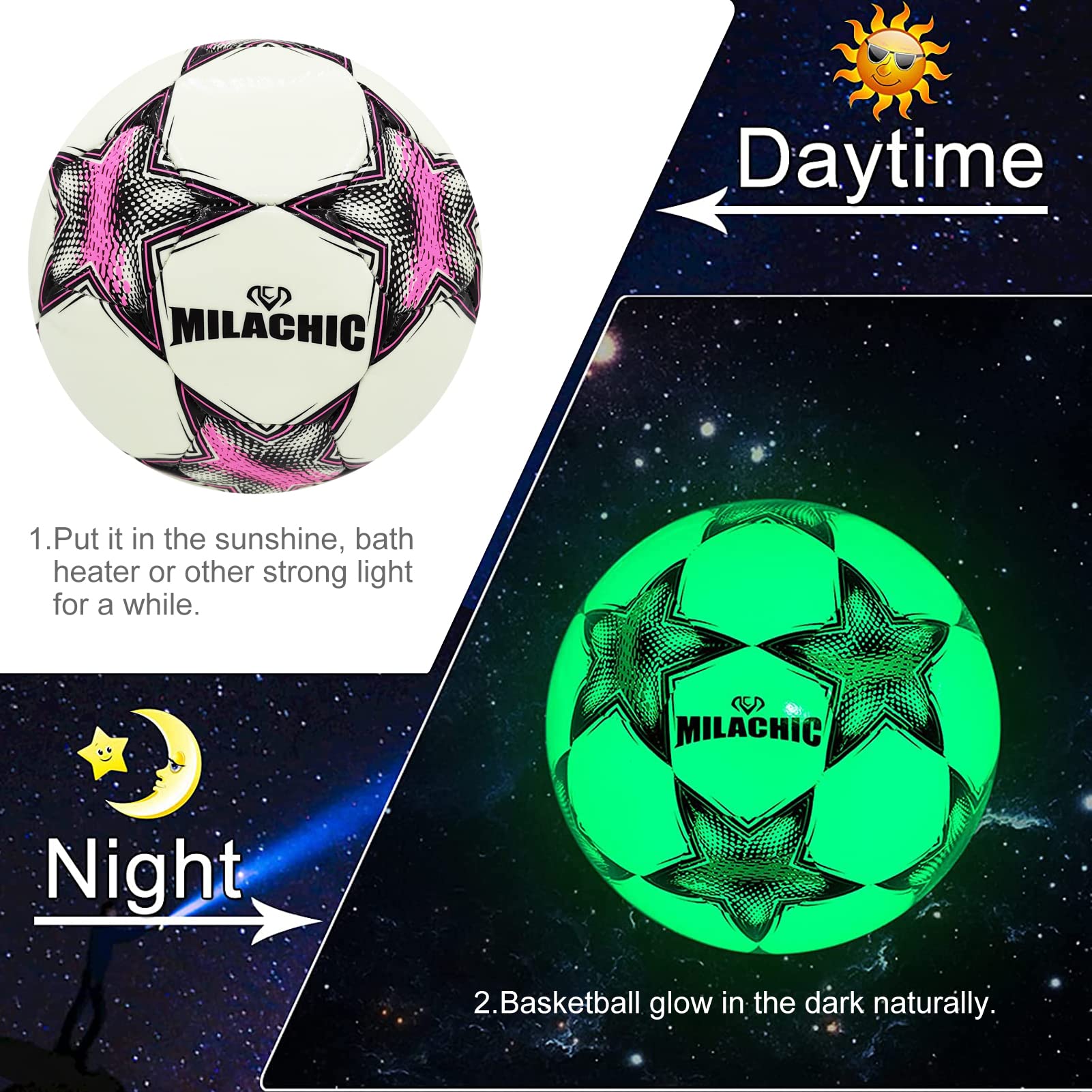 Milachic Soccer Ball Glow In The Dark Size 4 Soccer Ball, Holographic Glowing Light Up Soccer Ball With Pump For Girls Boys Yout