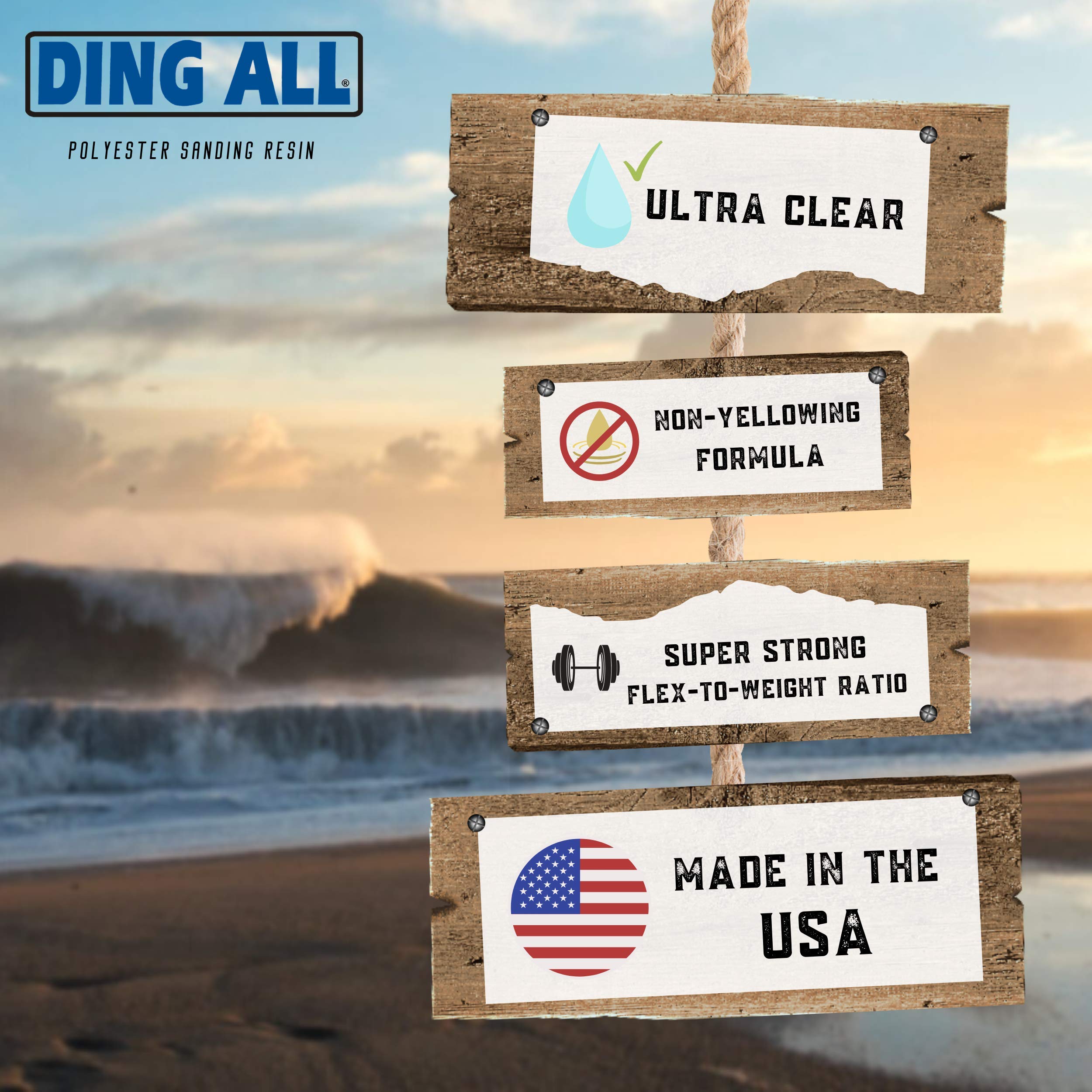 Ding All Polyester Sanding Resin With Catalyst - Smooth And Non-Tacky Product For Surfboard Repairs - 8 Oz
