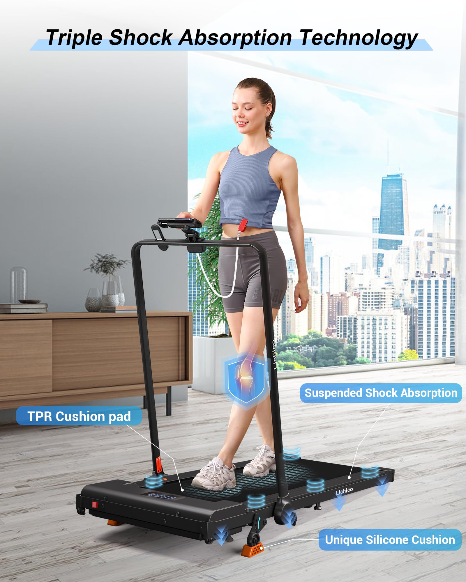 Lichico Treadmill With Incline Walking Pad Under Desk For Home And Office, 8.7Mph Compact Portable Folding Treadmill With Handle