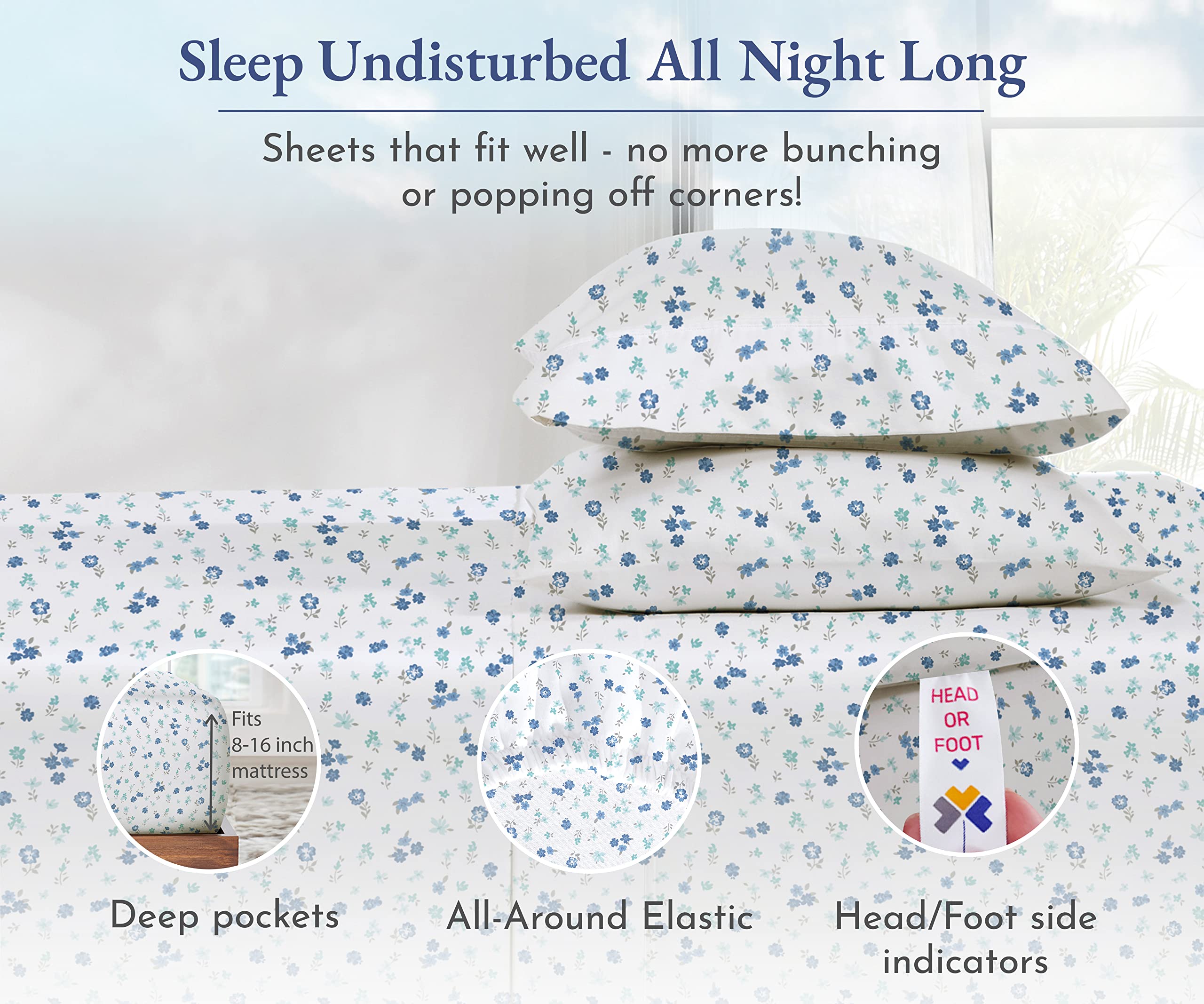 California Design Den Floral Sheets Pattern Full Sheet Set, Luxury 400 Thread Count 100 Cotton Sheets, 4 Pc Deep Pocket Full She