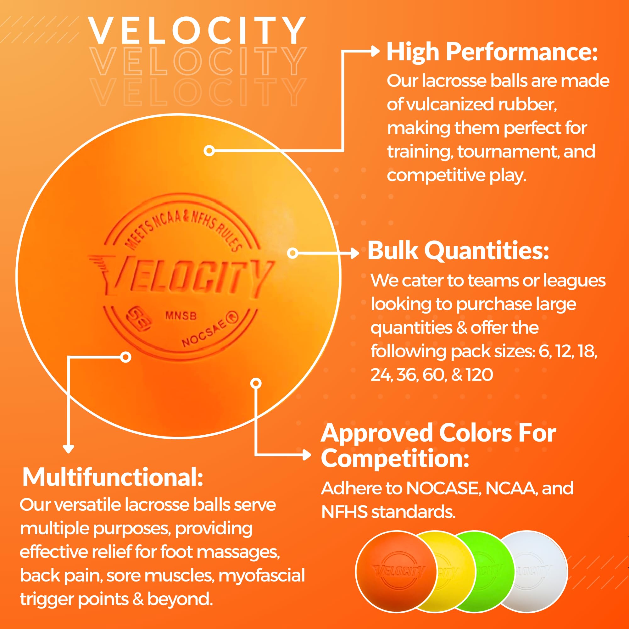 Velocity Lacrosse Balls - 60 Packs - Official Nfhs And College Approved Size - Orange