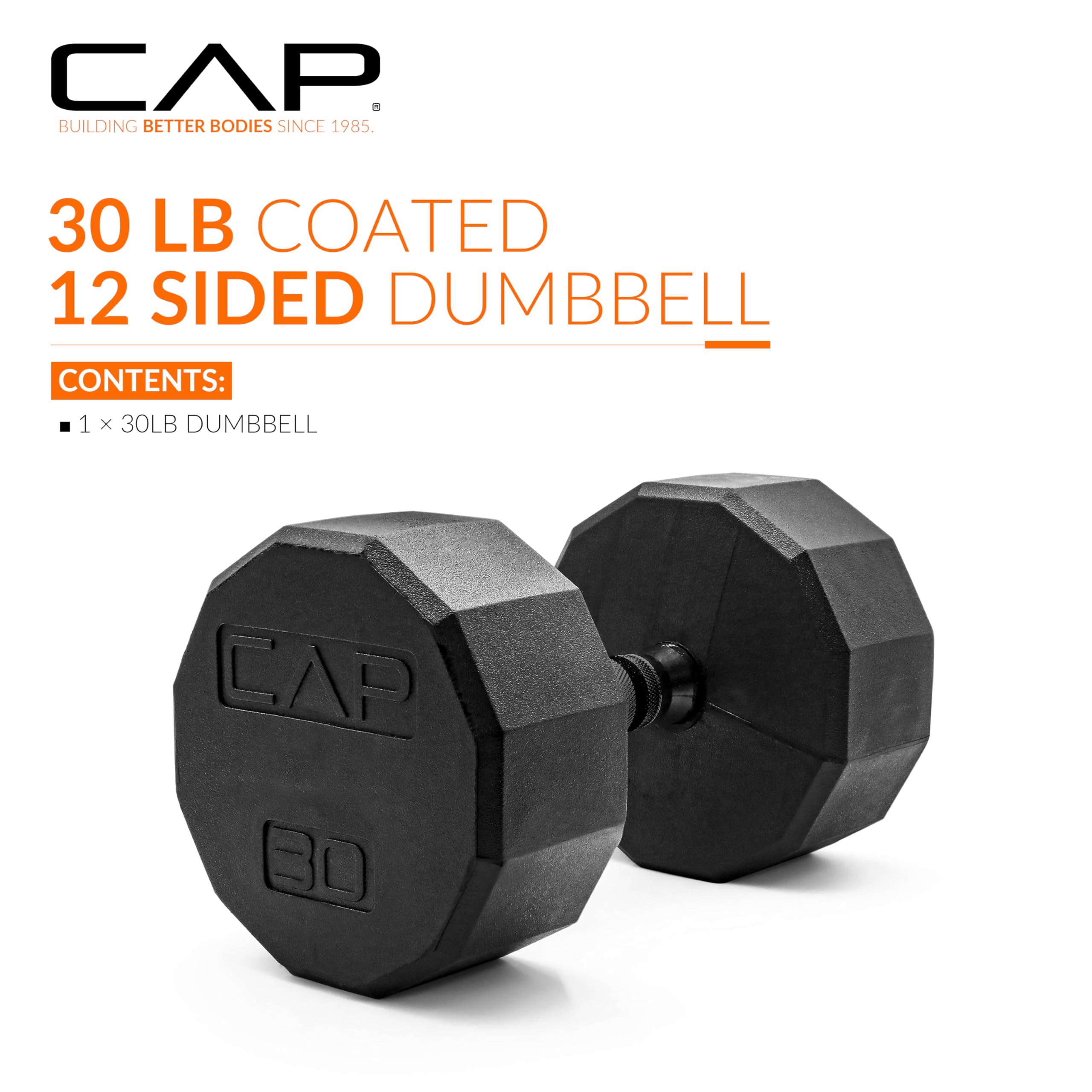 Cap Barbell 12-Sided Coated Dumbbell With Black Handle, Single, 30 Lb