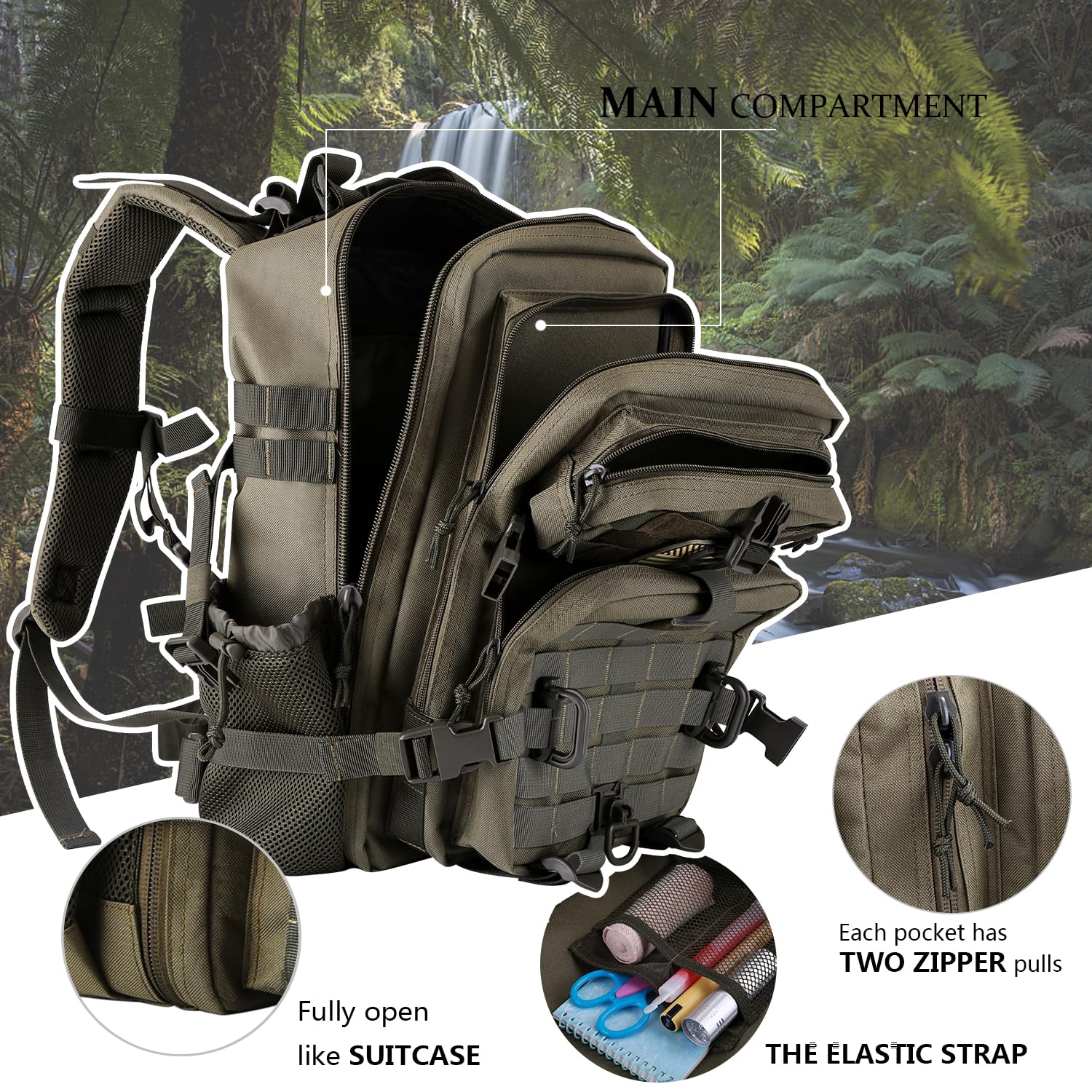 Hannibal Tactical 30L Molle Assault Pack, Tactical Backpack Military Army Camping Rucksack With Bottle Holder, 3-Day Pack, Olive