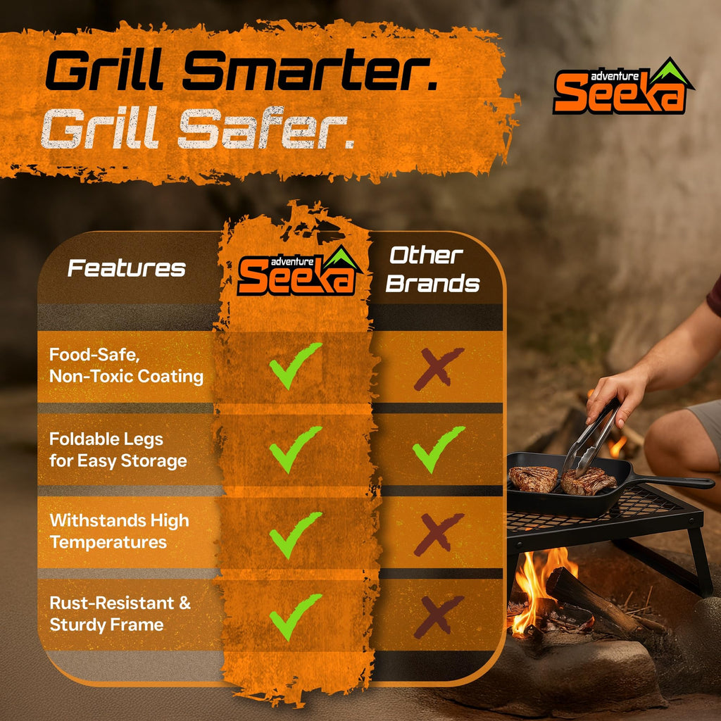 Adventure Seeka Folding Campfire Grill - Portable Over-Fire Grill With Food-Safe Coating, Heavy Duty Steel, Compact With Folding