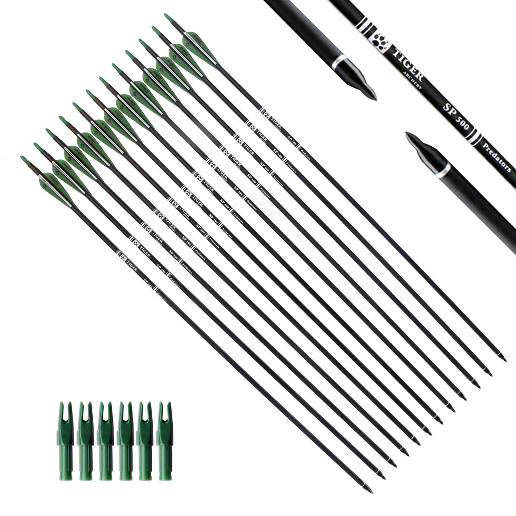 Tiger Archery 30Inch Carbon Arrow Practice Hunting Arrows With Removable Tips For Compound & Recurve Bow(Pack Of 12) (Deep Green
