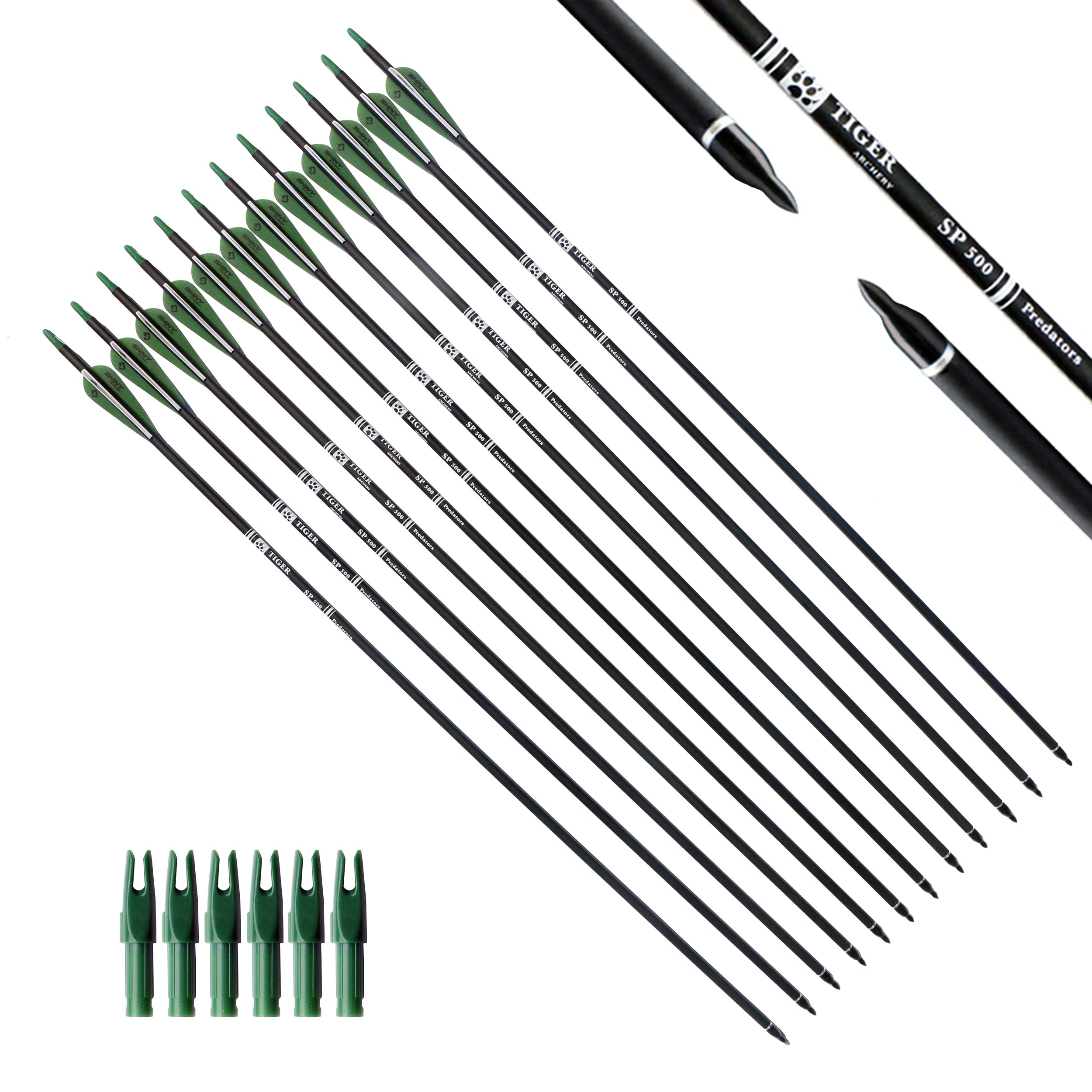 Tiger Archery 30Inch Carbon Arrow Practice Hunting Arrows With Removable Tips For Compound & Recurve Bow(Pack Of 12) (Deep Green