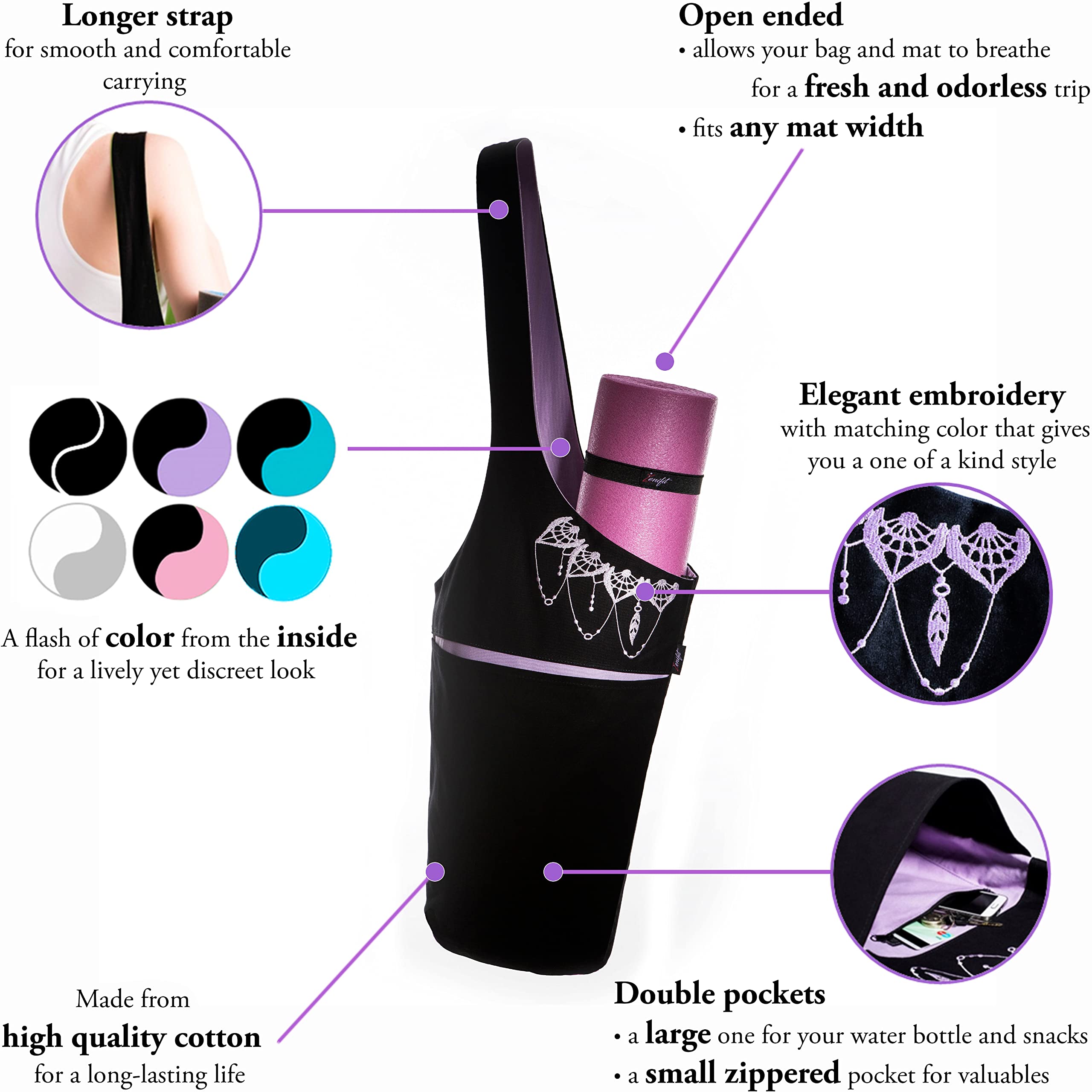 Zenifit Yoga Mat Bag - Long Tote With Pockets - Holds More Yoga Accessories. Cute Yoga Mat Holder With Bonus Yoga Mat Strap Elas