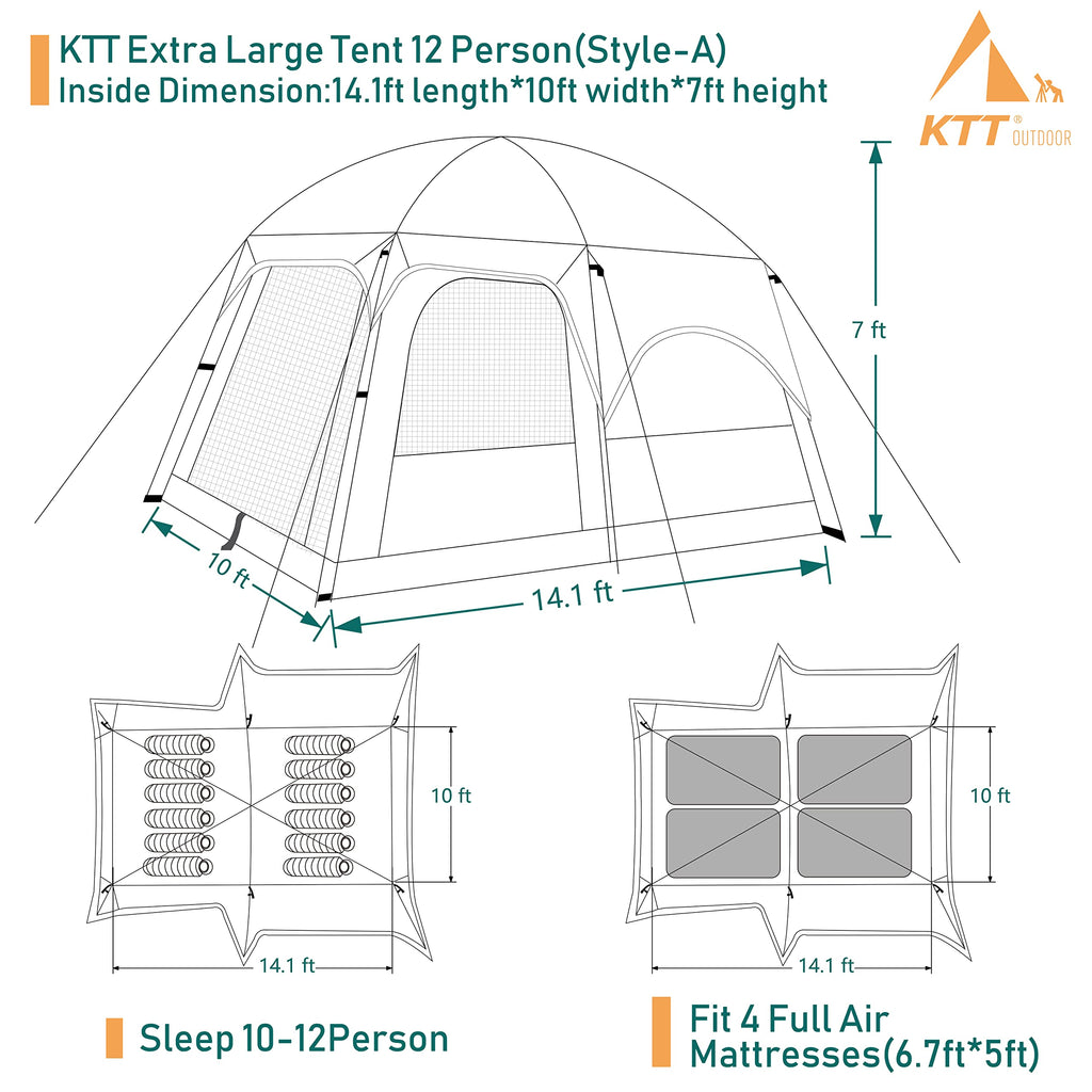 Ktt Extra Large Tent 12 Person,2 Bay-Windows,Family Cabin Tents,14.1'Lx10'Wx6.58'H,2 Rooms,3 Doors 3 Windows With Mesh,Waterproo