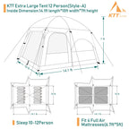 Ktt Extra Large Tent 12 Person,2 Bay-Windows,Family Cabin Tents,14.1'Lx10'Wx6.58'H,2 Rooms,3 Doors 3 Windows With Mesh,Waterproo