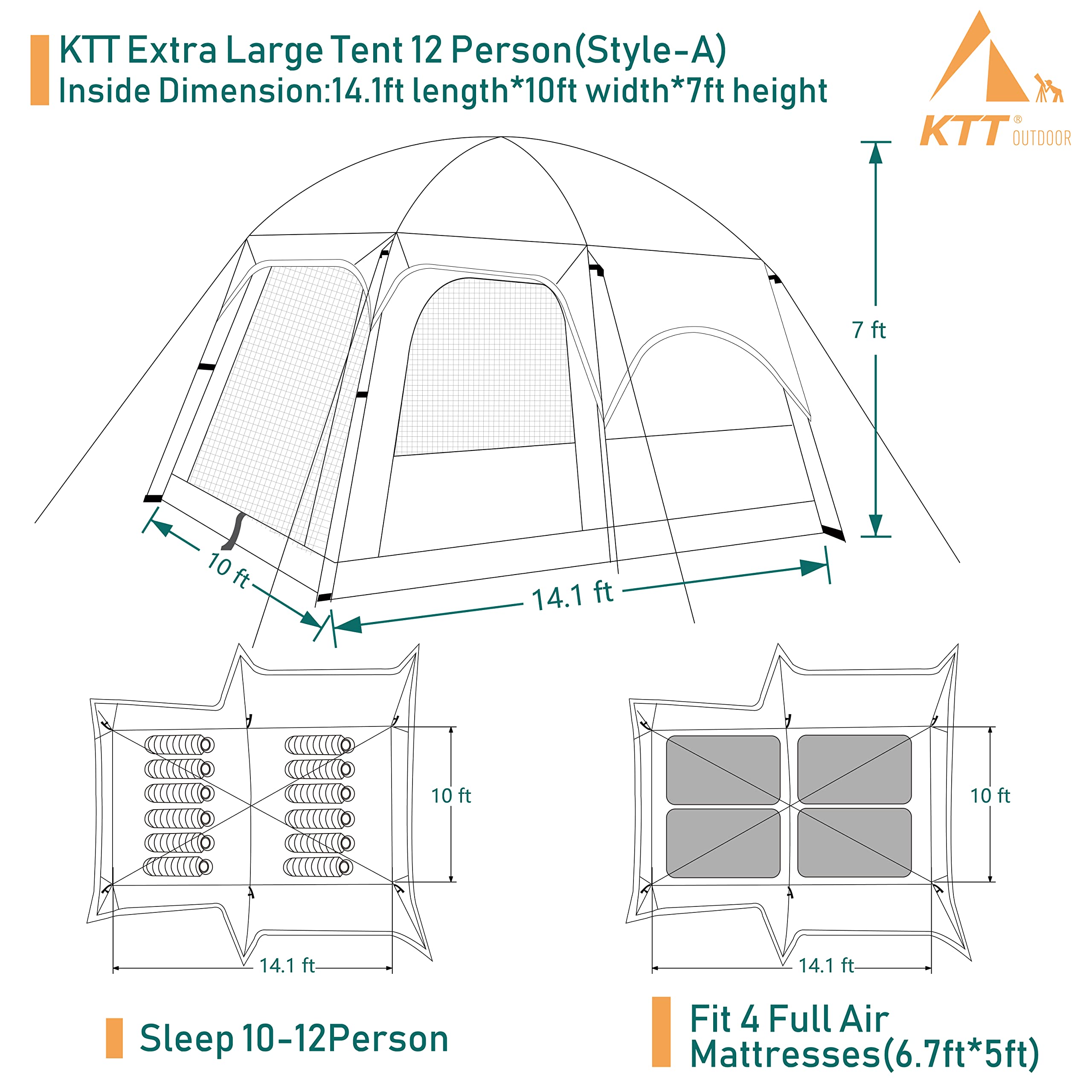 Ktt Extra Large Tent 12 Person,2 Bay-Windows,Family Cabin Tents,14.1'Lx10'Wx6.58'H,2 Rooms,3 Doors 3 Windows With Mesh,Waterproo