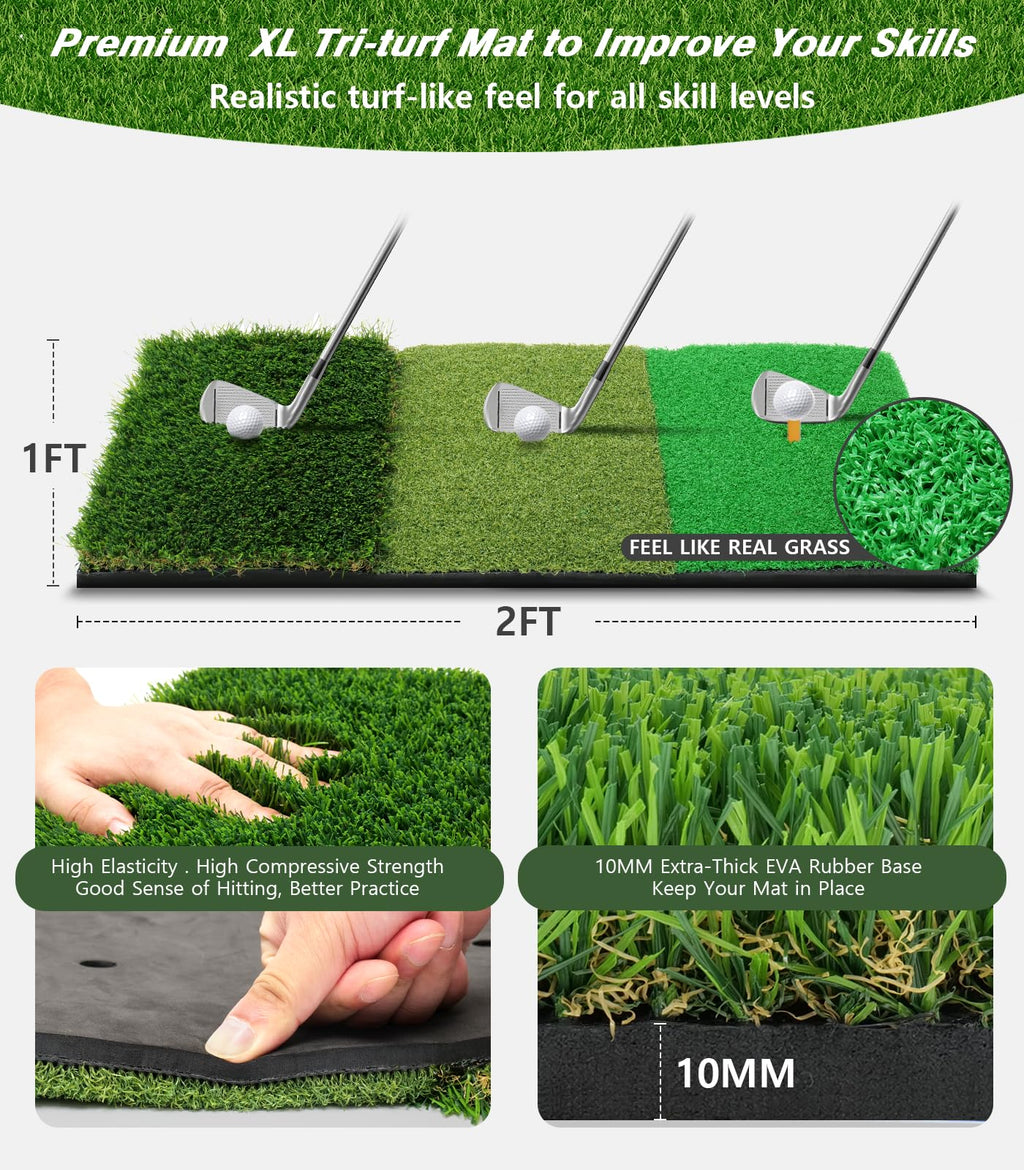 Golf Net, 10X7Ft Golf Practice Net With Tri-Turf Golf Mat, All In 1 Home Golf Hitting Aid Nets For Backyard Driving Chipping Swi