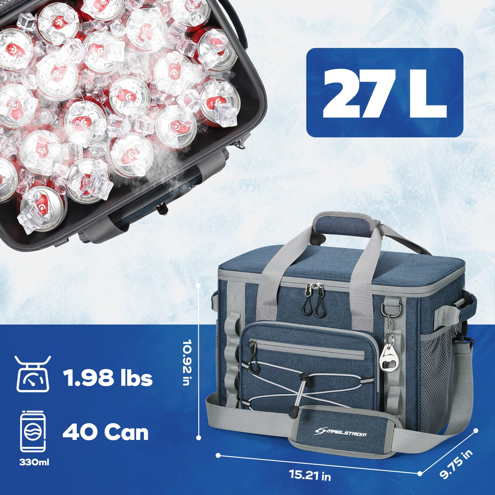 Maelstrom Soft Cooler Bag - 40 Cans Collapsible Insulated Leakproof Camping & Travel Cooler For Kayaking, Beach - Blue