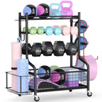 Plkow Dumbbell Weight Rack, Home Gym Storage For Kettlebells Yoga Mat And Balls, All In One Workout Storage With Wheels And Hook
