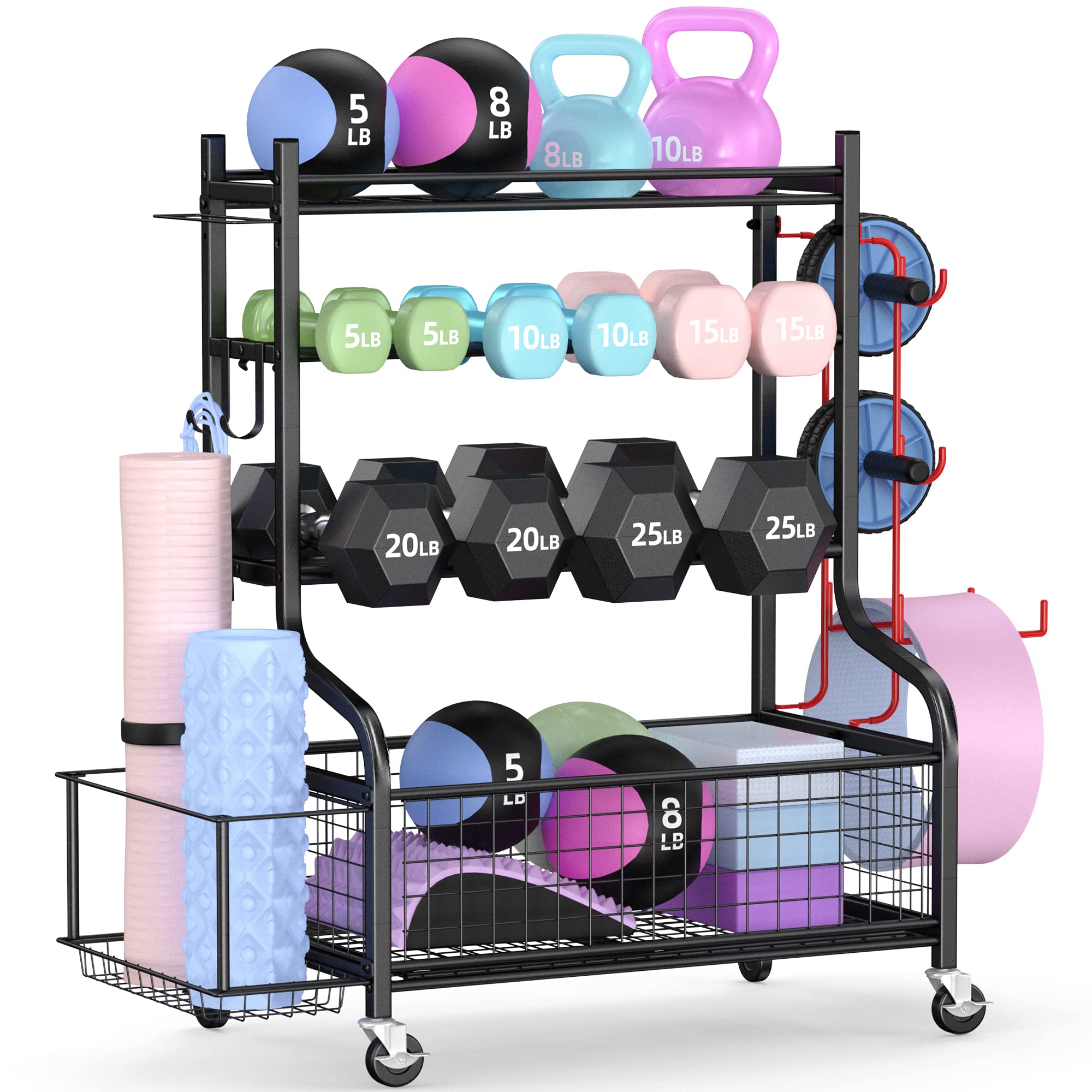 Plkow Dumbbell Weight Rack, Home Gym Storage For Kettlebells Yoga Mat And Balls, All In One Workout Storage With Wheels And Hook