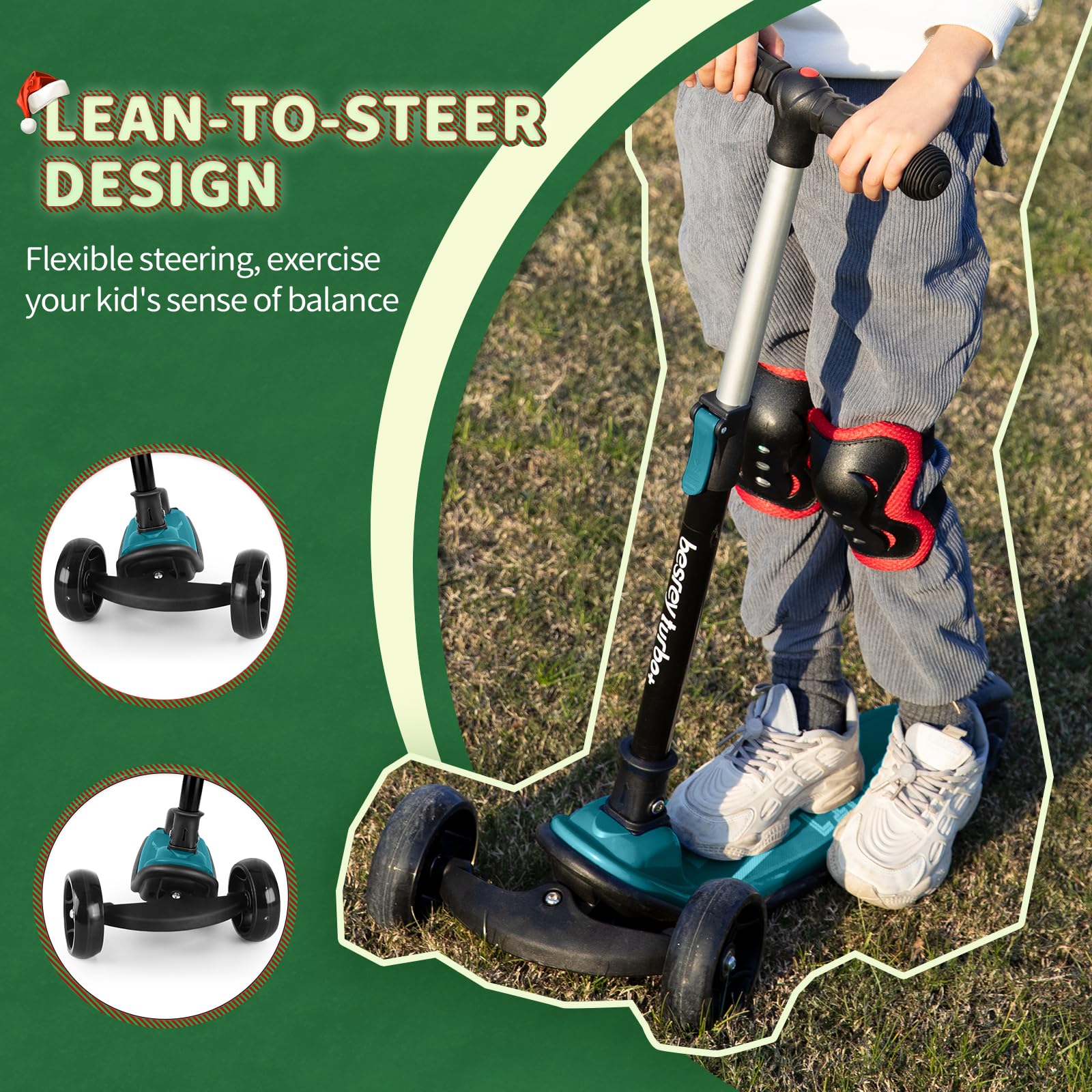 besrey Kick Scooter for Kids Ages 3-10, 3-Wheel Folding Scooter with Adjustable Height, LED Light Wheels, Extra Wide Deck for Ou