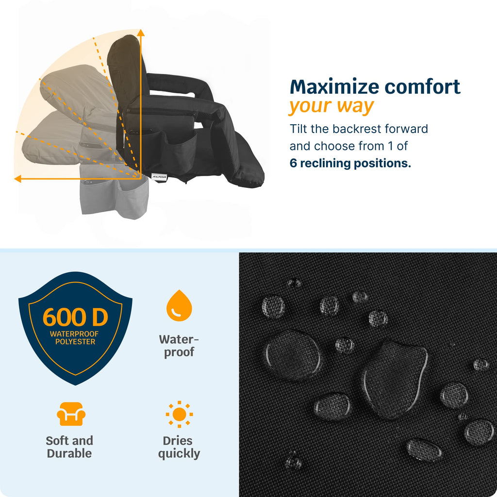 Alpcour Heating Massage Stadium Seat - Deluxe Reclining Bleacher Chair With Back & Arm Support - Built-In Heater And Massager -