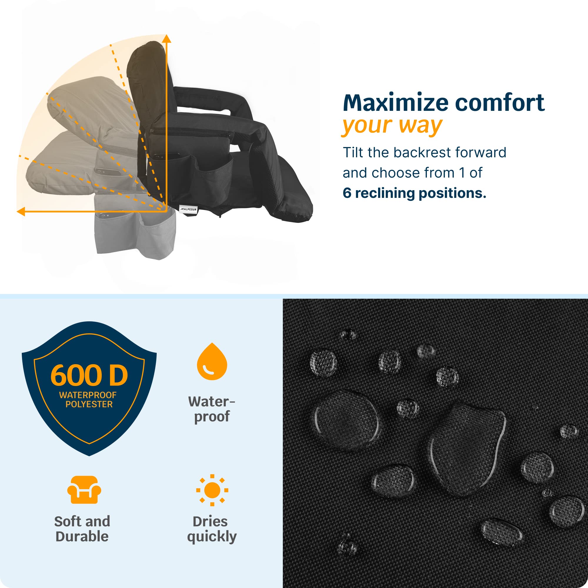 Alpcour Heating Massage Stadium Seat - Deluxe Reclining Bleacher Chair With Back & Arm Support - Built-In Heater And Massager -