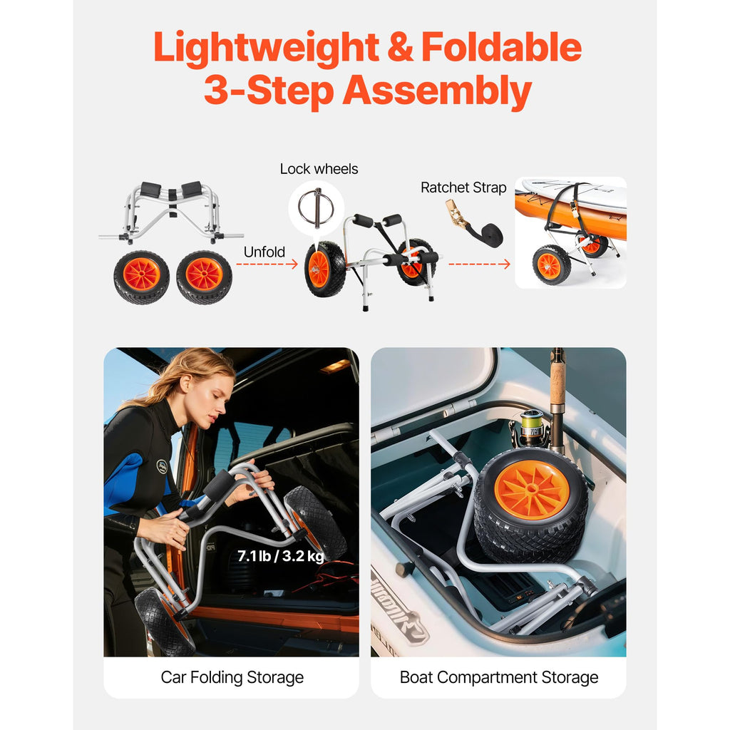 VEVOR Kayak Cart, 250 lbs Load Capacity, Foldable Kayak Trolley with 10-inch Solid Rubber Tires & 1 Ratchet Strap, Paddle Board
