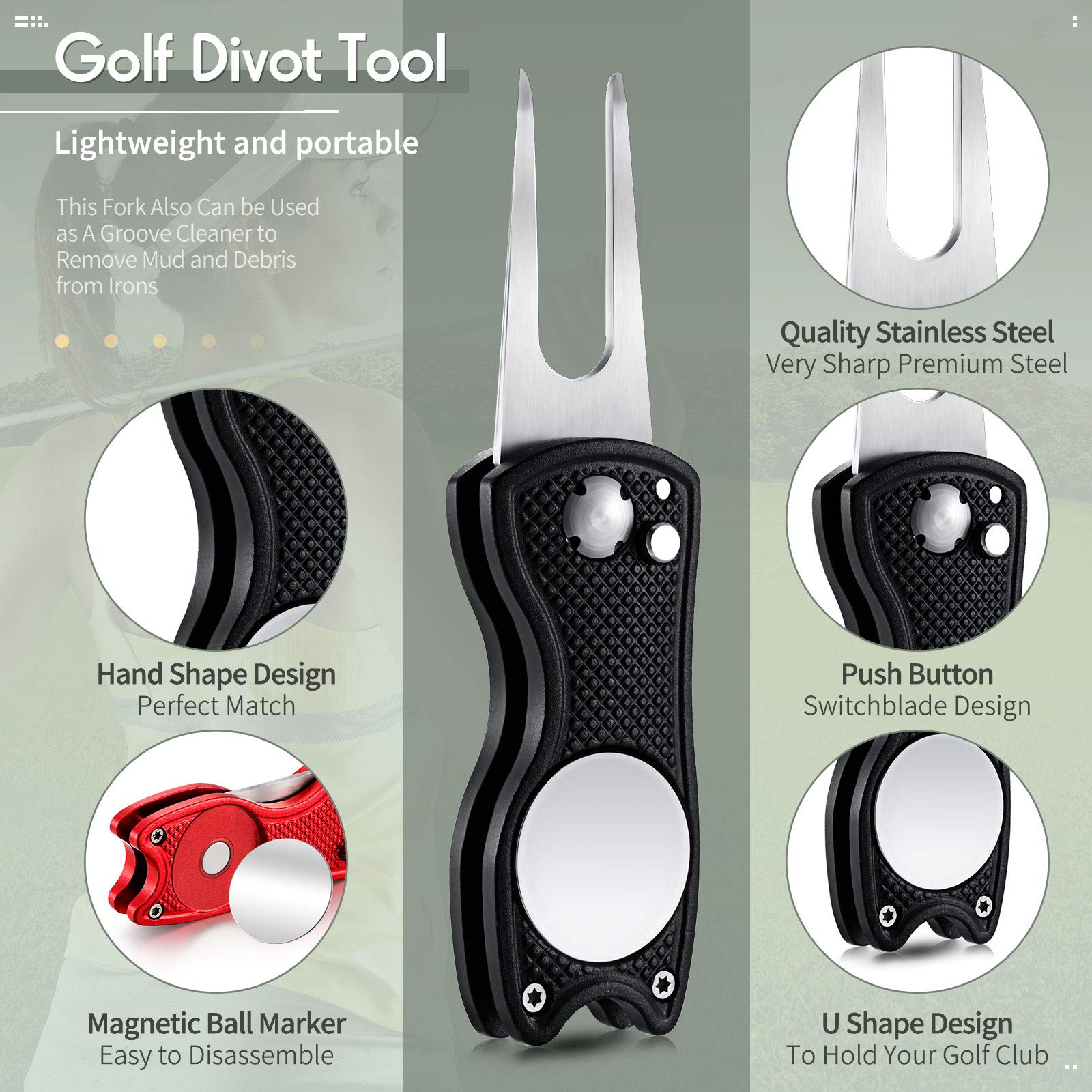 4 Pieces Golf Repair Tool Stainless Steel Foldable Golf Divot Tool Magnetic Golf Button Tool Golf Ball Marker (Red, Silver, Gray