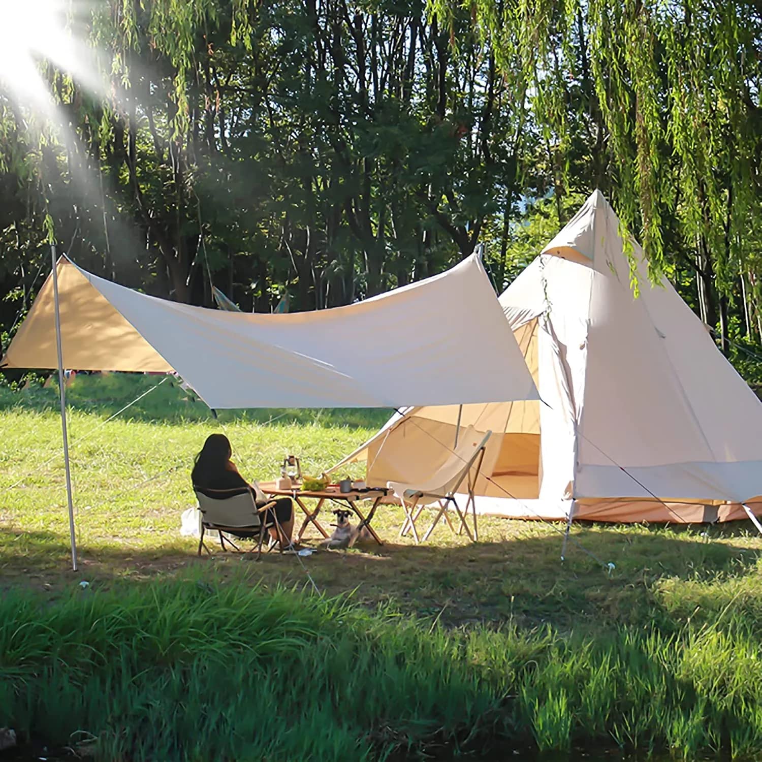 Yuewo 15?10Ft Camping Tarp With 2 * 7Ft Poles, Waterproof & Lightweight Tent Tarp, Rain Fly Sun Shelter, 210D Oxford Upf50+ Shel