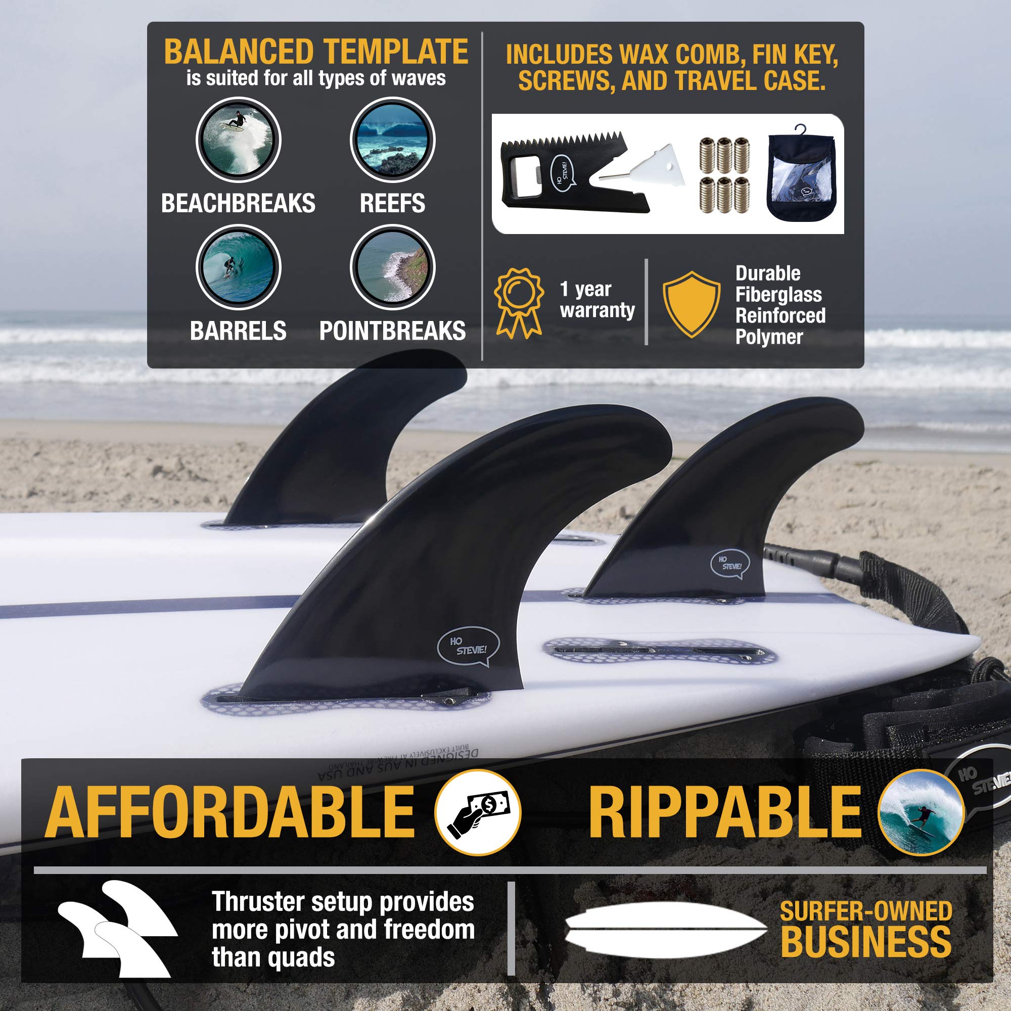 Ho Stevie! Frp Thruster (3) Surfboard Fins - Stronger Than Regular Nylon Fins - Includes Fin Bag, Screws, Wax Comb And Fin Key