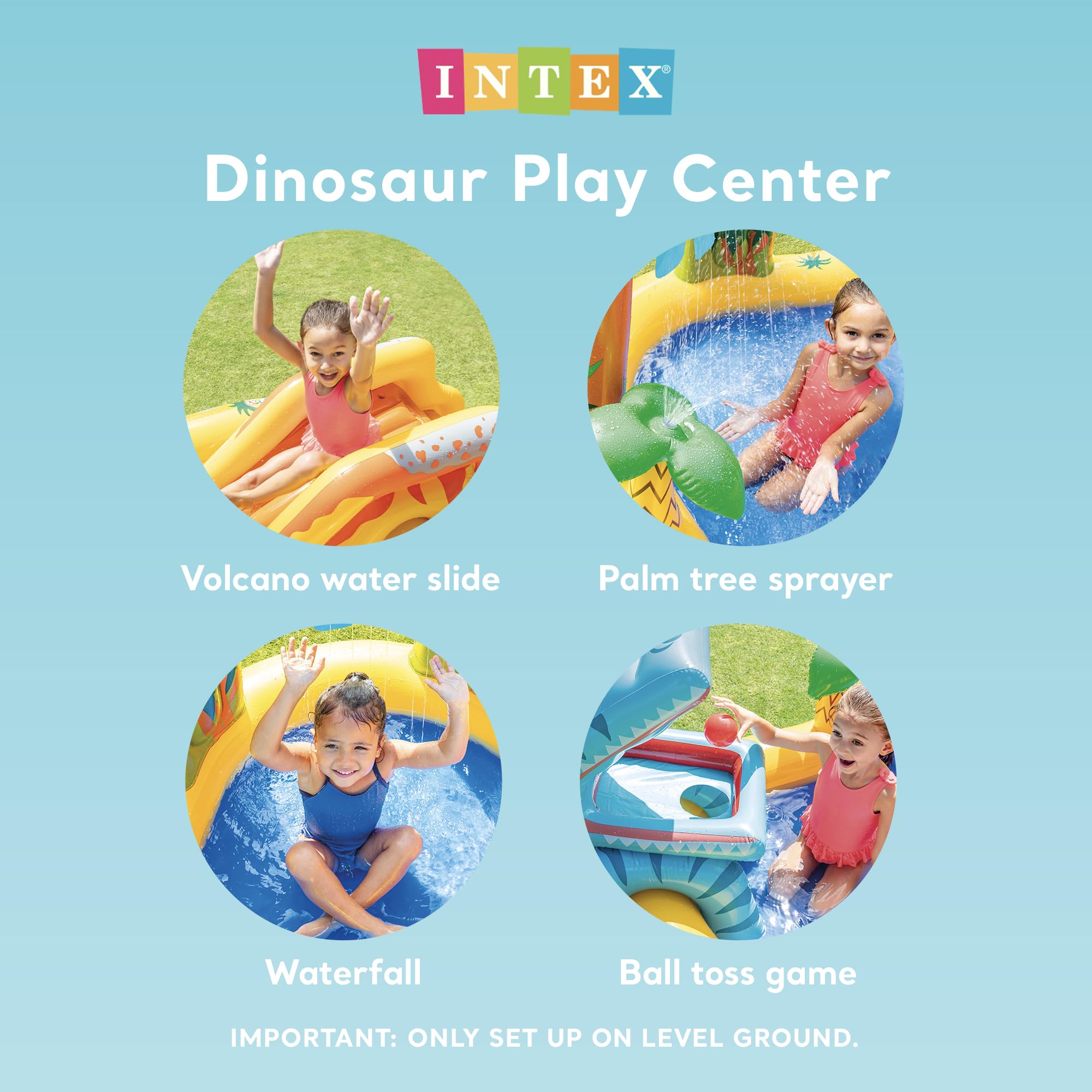 Intex Inflatable Dinosaur Play Center Outdoor Playhouse Inflatable Water Park With Kid Pool Slide, Water Sprayer, Waterfall, And