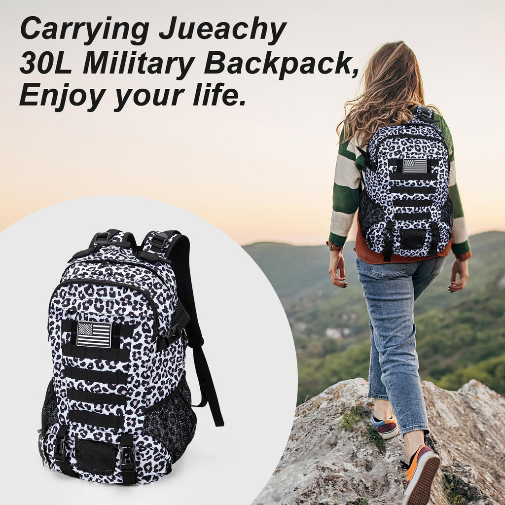 Jueachy Tactical Backpack For Women Men Hiking Day Pack Molle Military Rucksack Waterproof 30L Edc Bag With Usa Flag Patch Leopa