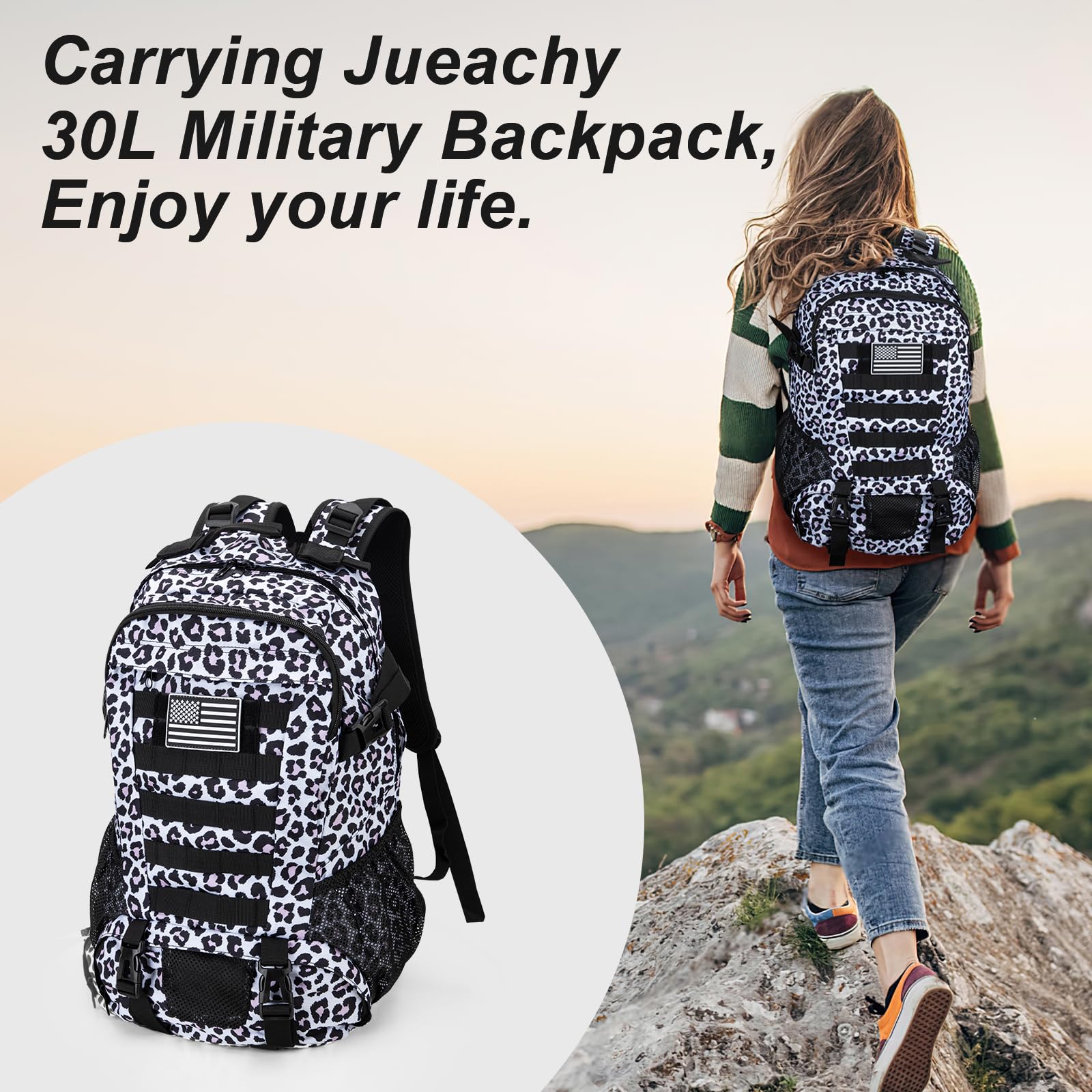 Jueachy Tactical Backpack For Women Men Hiking Day Pack Molle Military Rucksack Waterproof 30L Edc Bag With Usa Flag Patch Leopa