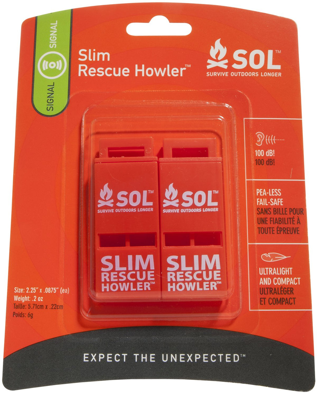 S.O.L. Survive Outdoors Longer Slim Rescue Howler Whistle (2-Count), Orange, Model:Ad0010