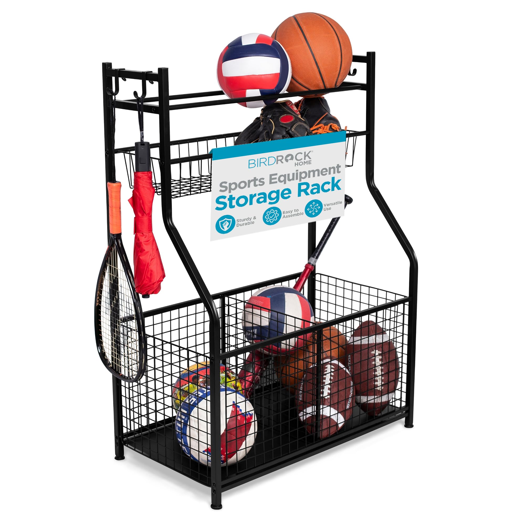 BIRDROCK HOME Sports Equipment Ball Organizer 43H for Garage -Storage Rack - Baseball, Tennis, Football, Gym Gear - Wide Bin Bas