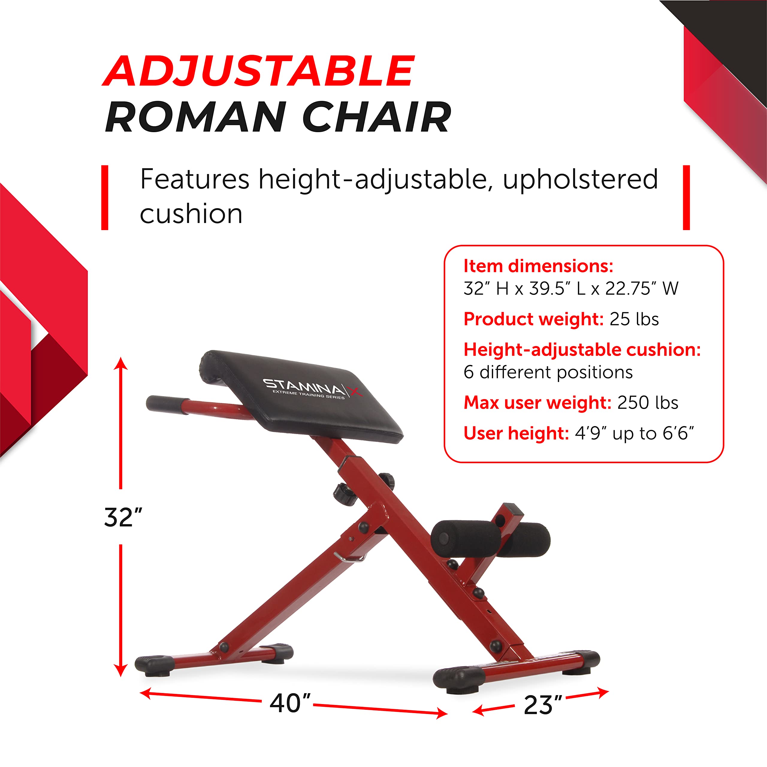 Stamina X Hyperextension Bench - Adjustable And Foldable Roman Chair With Smart Workout App For Home Workout - Up To 250 Lbs Wei