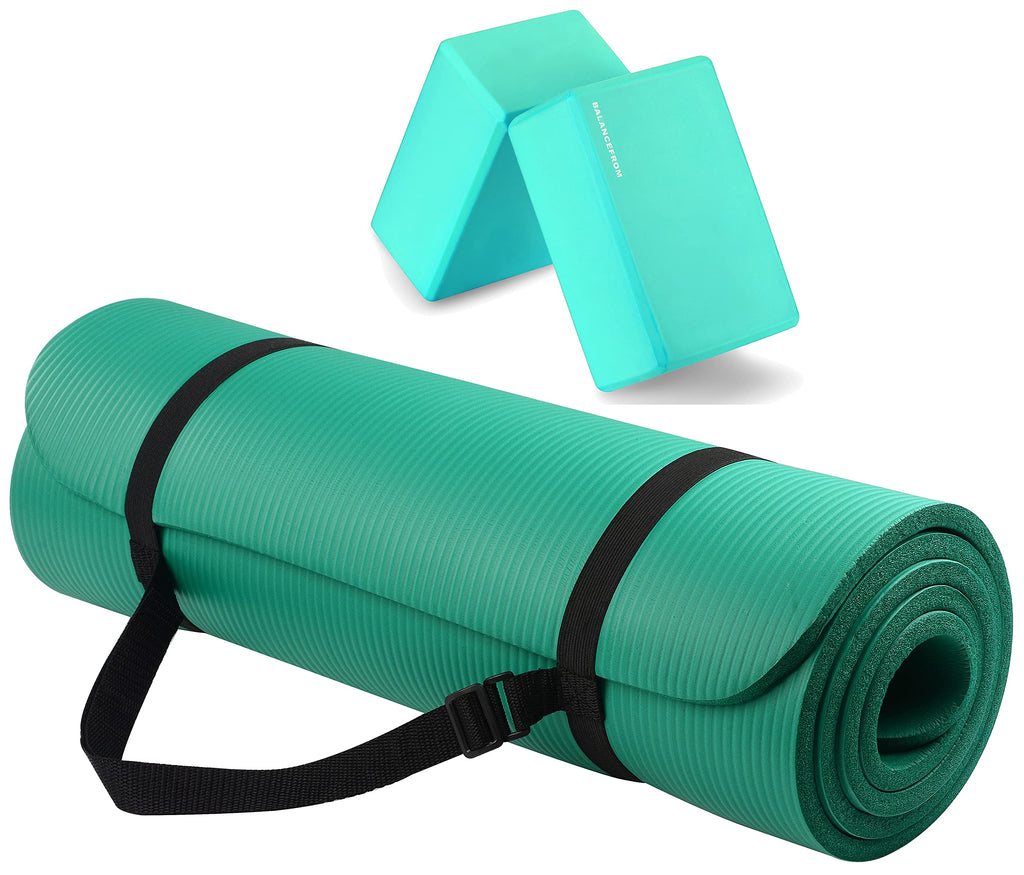 Fitvids All Purpose 1/2-Inch Extra Thick High Density Anti-Tear Exercise Yoga Mat With Carrying Strap And Yoga Blocks, Green