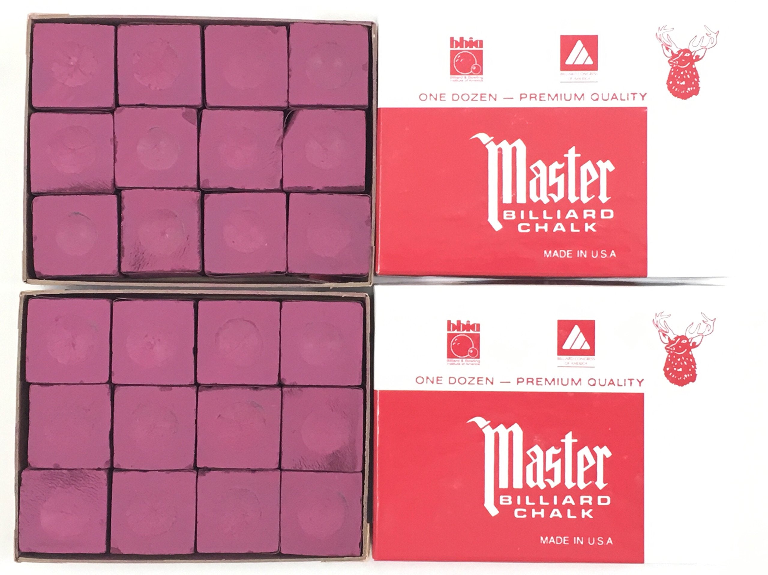 Made In The Usa - 2 Boxes Of Master Chalk - 24 Pieces For Pool Cues And Billiards Sticks Tips (Burgundy)