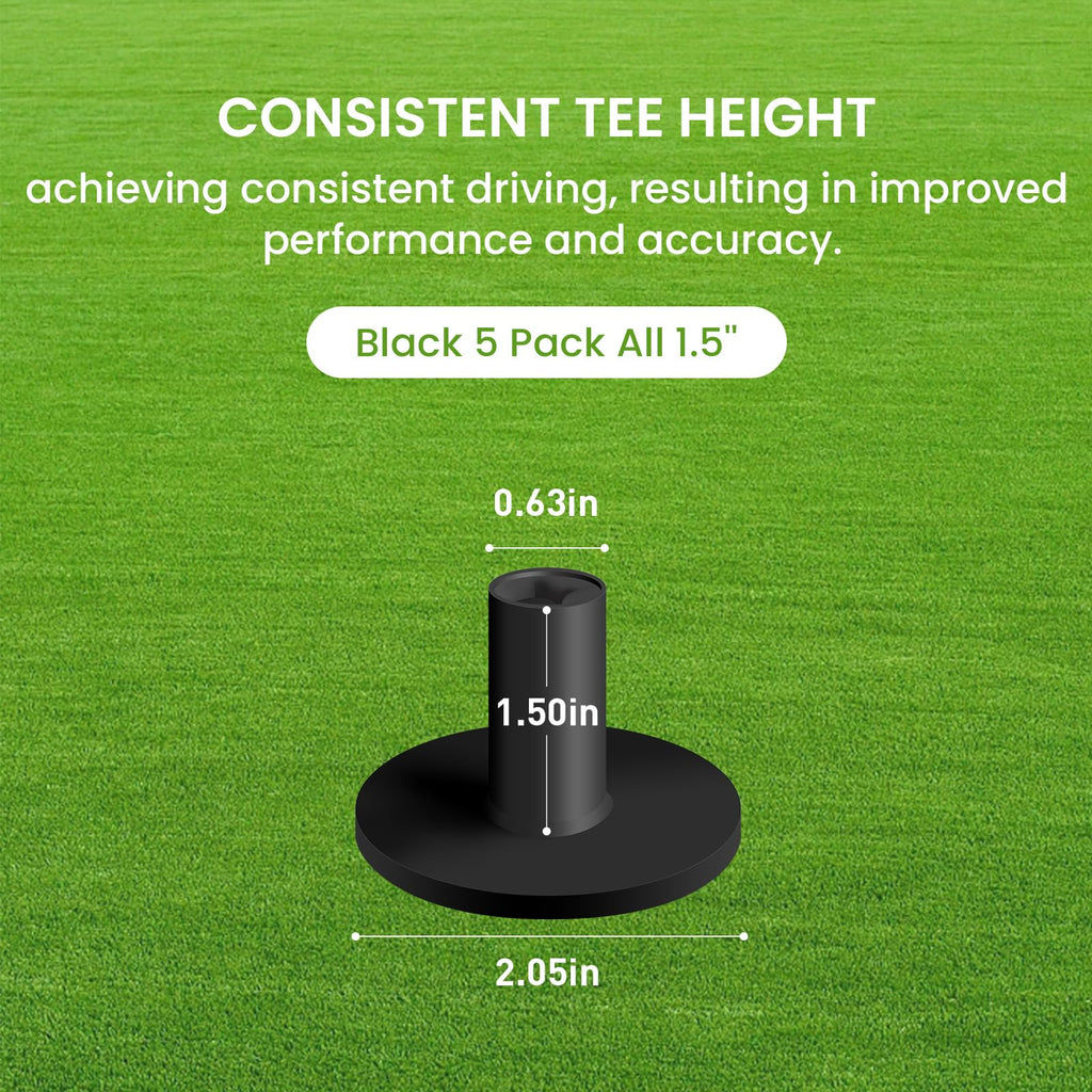 Finger Ten Golf Rubber Tee Driving Range Value 5 Pack All 1.5'' For Indoor Outdoor Practice Mat, Tee Adaptor Black Tee Holder Se