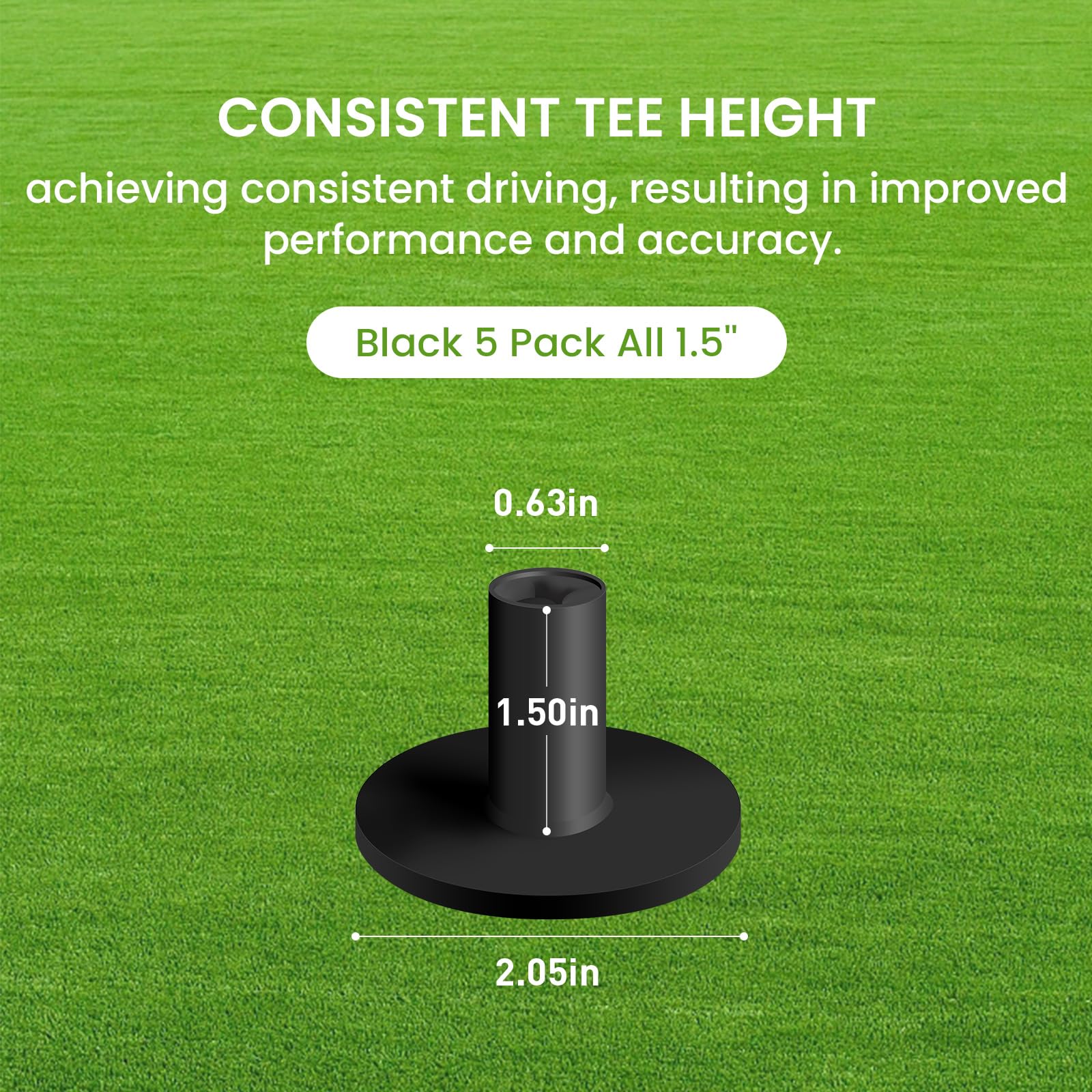 Finger Ten Golf Rubber Tee Driving Range Value 5 Pack All 1.5'' For Indoor Outdoor Practice Mat, Tee Adaptor Black Tee Holder Se