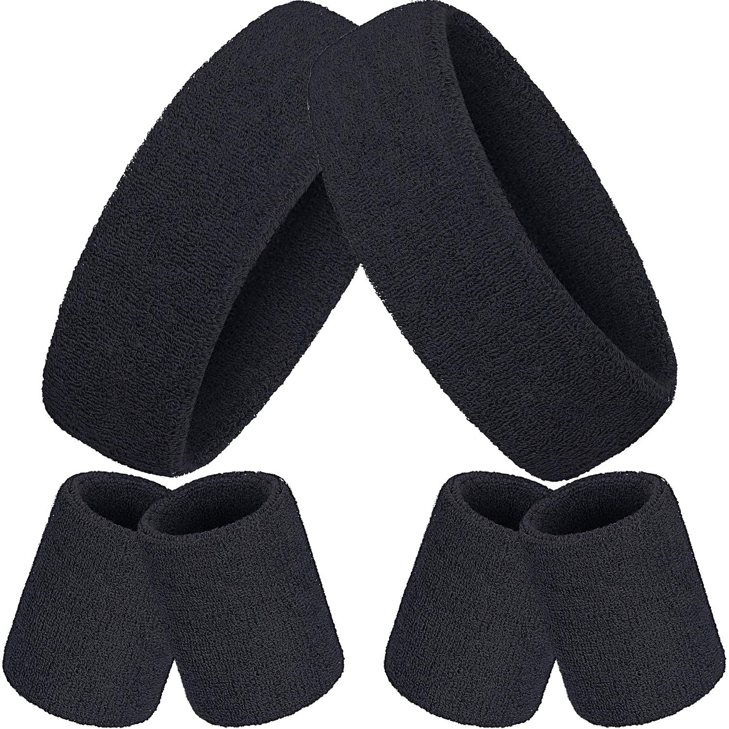 Sports Headbands Set, Includes Sports Headband and Wrist Bands, Set of Colourful Cotton Sports Headband for Men and Women (Black